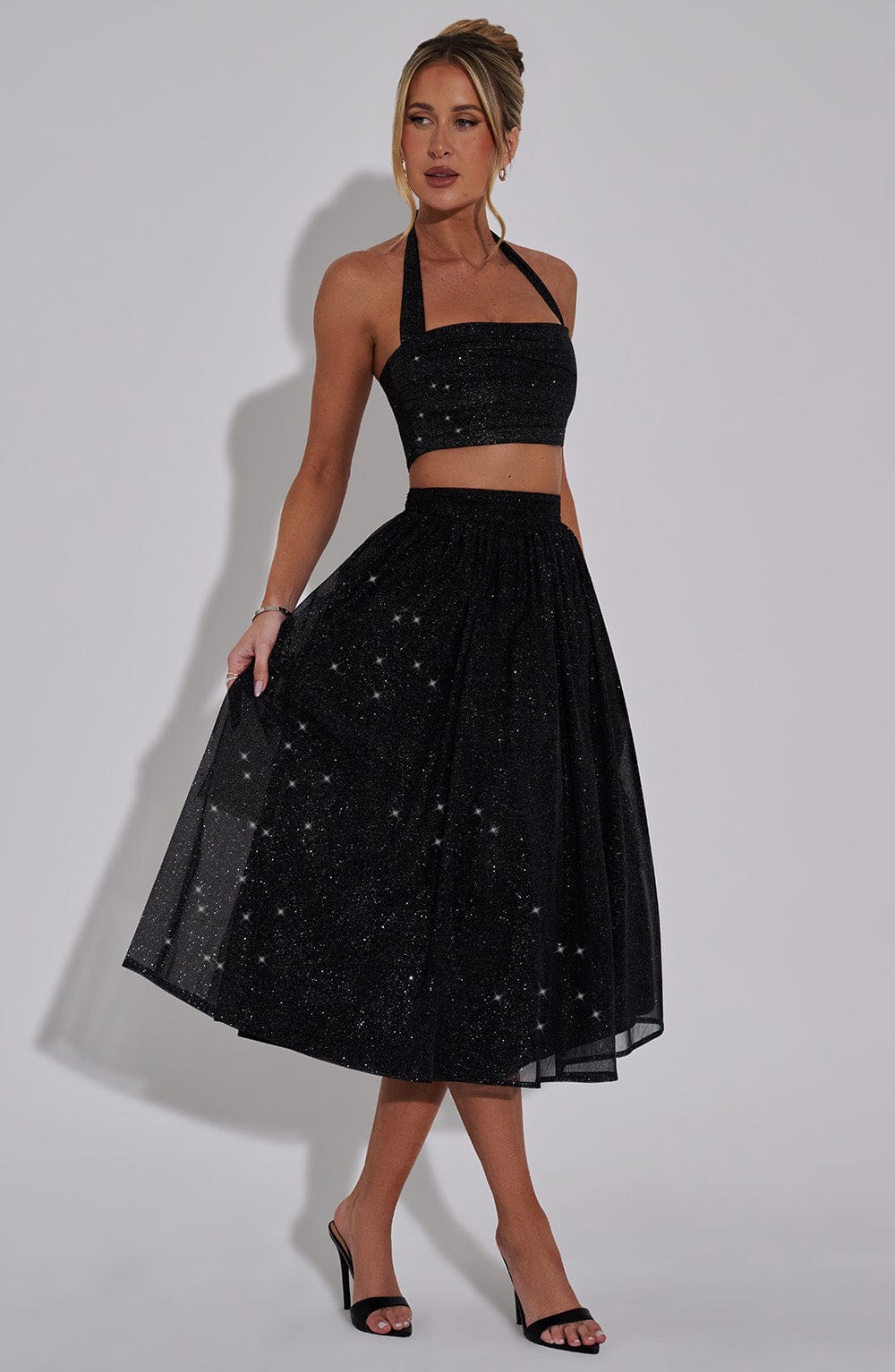 Alani Black Sparkle Midi Skirt with Tulle Volume