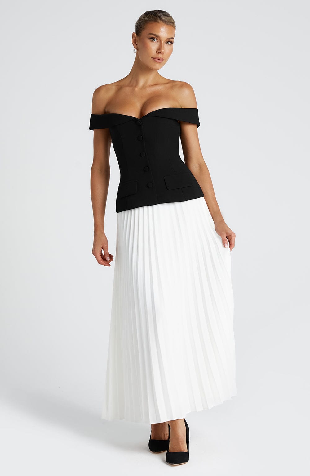 Ivory Pleated Midi Skirt - Non-Stretch Crepe