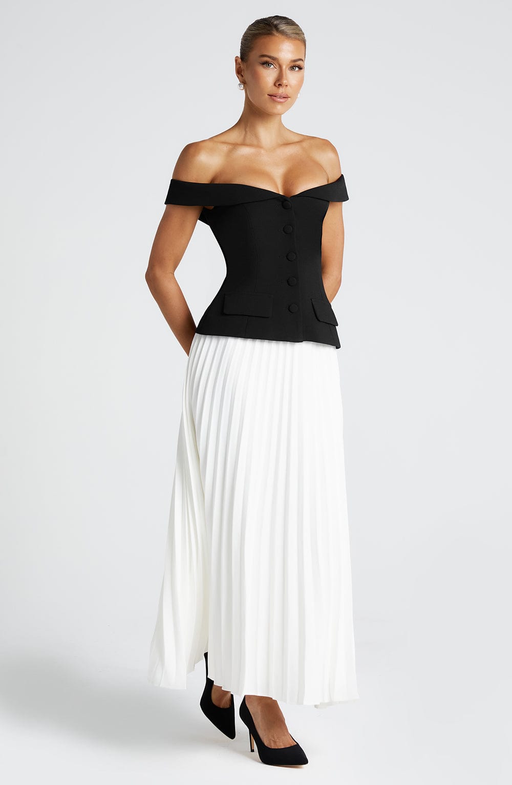 Ivory Pleated Midi Skirt - Non-Stretch Crepe