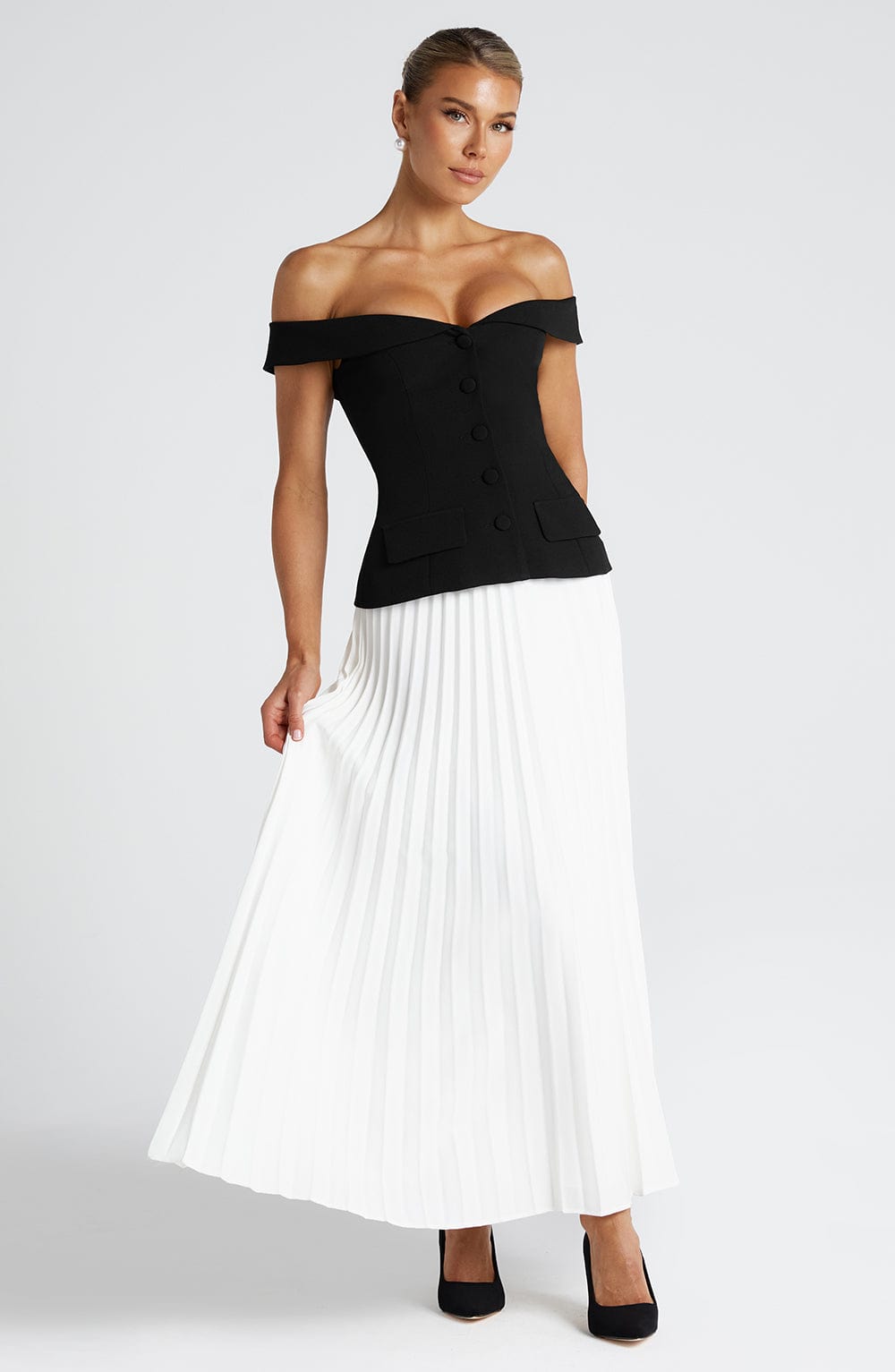 Ivory Pleated Midi Skirt - Non-Stretch Crepe
