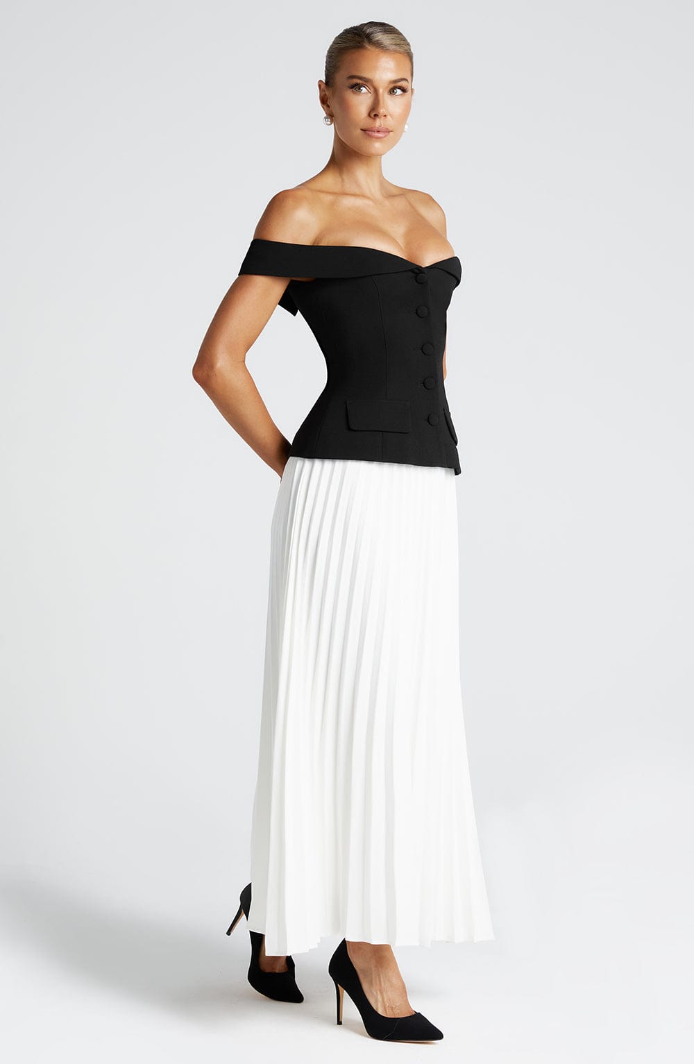 Ivory Pleated Midi Skirt - Non-Stretch Crepe
