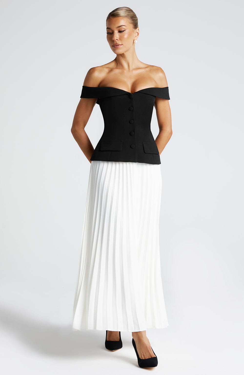 Ivory Pleated Midi Skirt - Non-Stretch Crepe