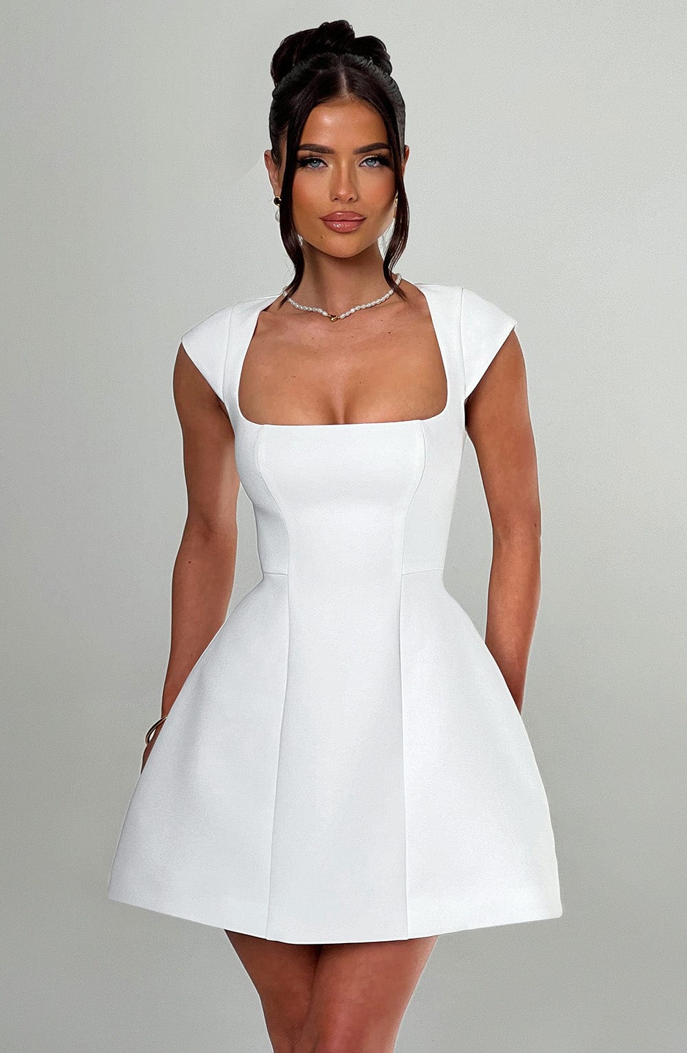 Ivory Lena Crepe Mini Dress with Square Neck & Cap Sleeves