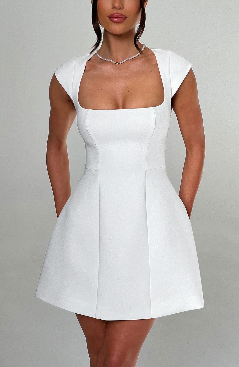 Ivory Lena Crepe Mini Dress with Square Neck & Cap Sleeves