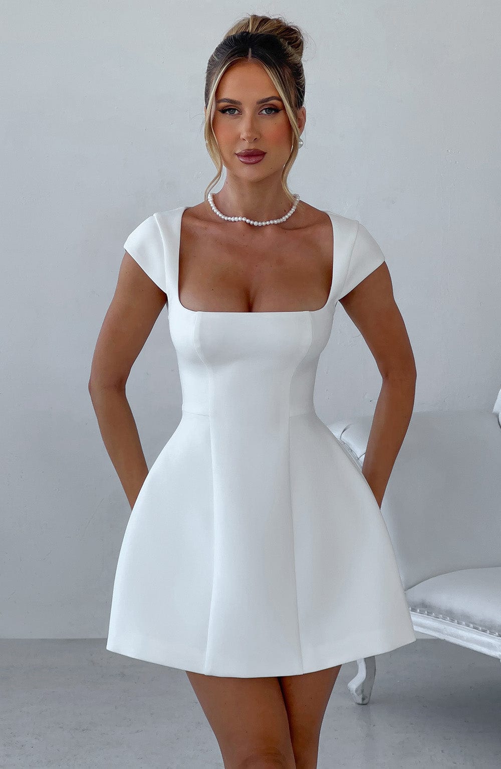 Ivory Lena Crepe Mini Dress with Square Neck & Cap Sleeves