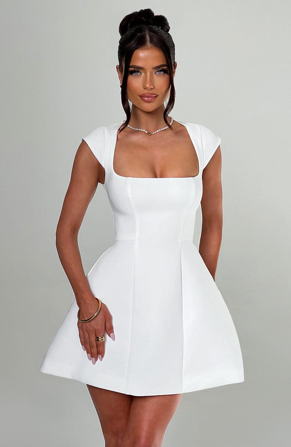 Ivory Lena Crepe Mini Dress with Square Neck & Cap Sleeves