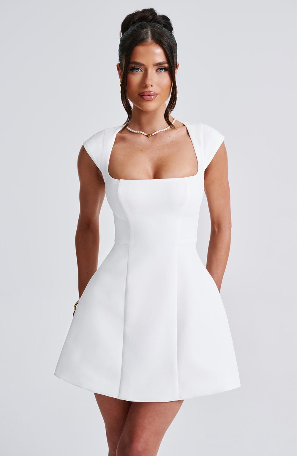 Ivory Lena Crepe Mini Dress with Square Neck & Cap Sleeves