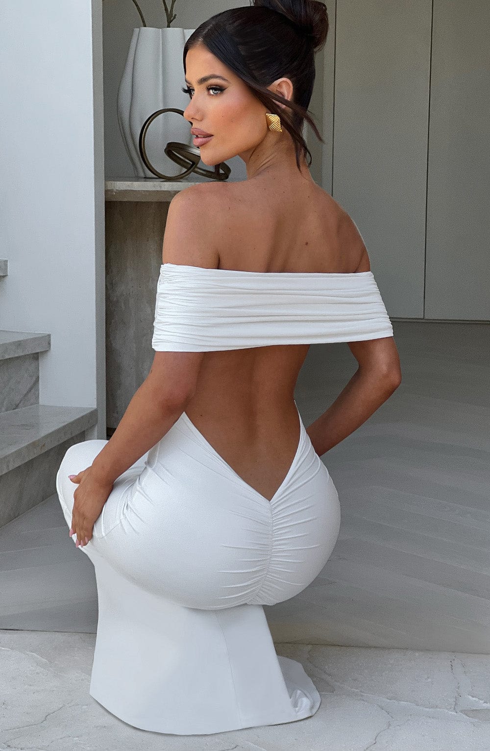 Belinda Off Shoulder Maxi Dress in White with Low Back Detail