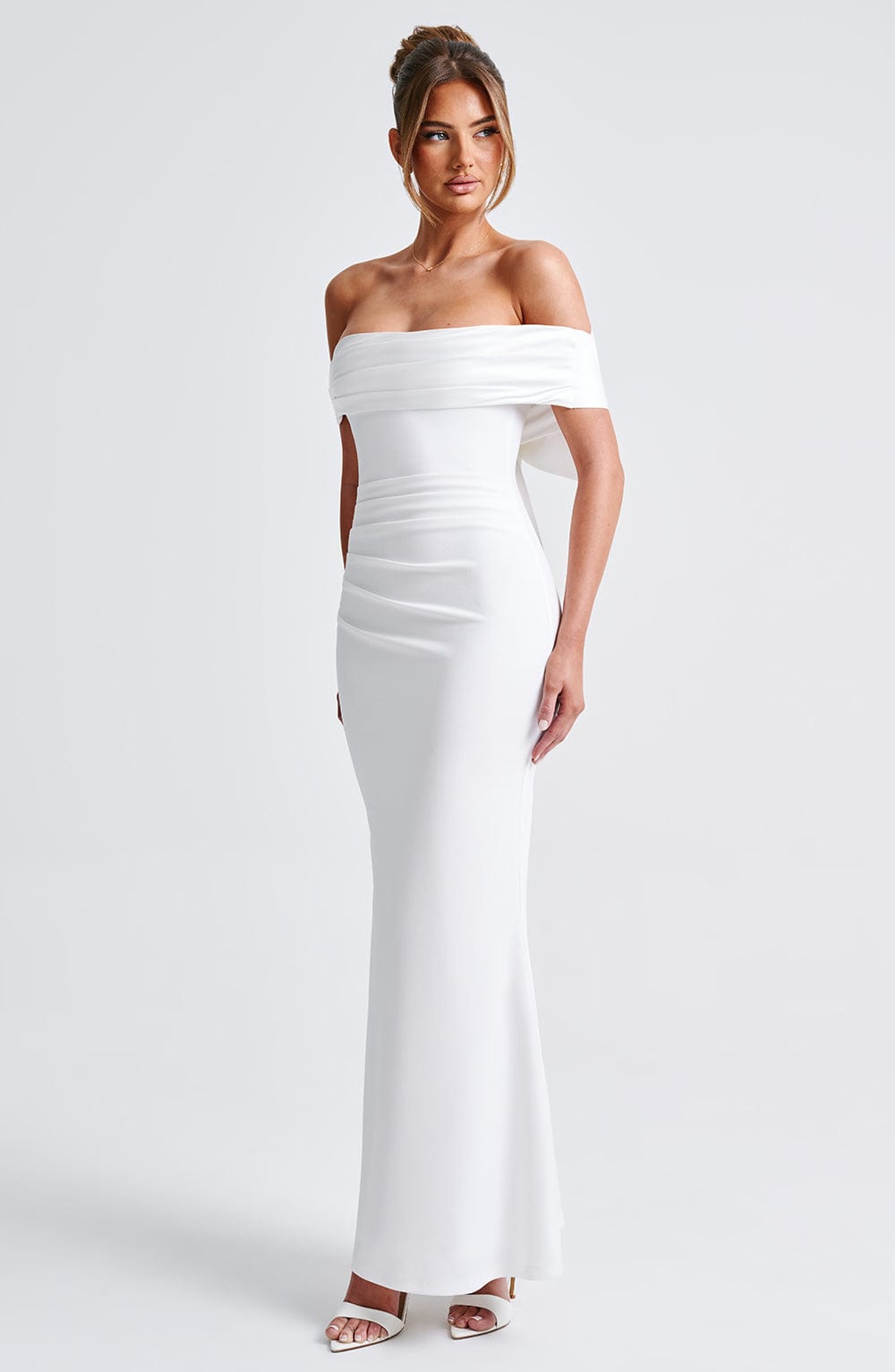 Ivory Joanna Maxi Dress with Removable Bow & Bardot Neckline