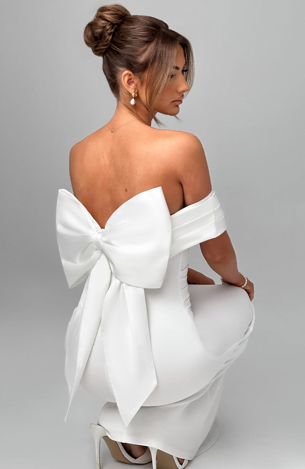 Ivory Joanna Maxi Dress with Removable Bow & Bardot Neckline
