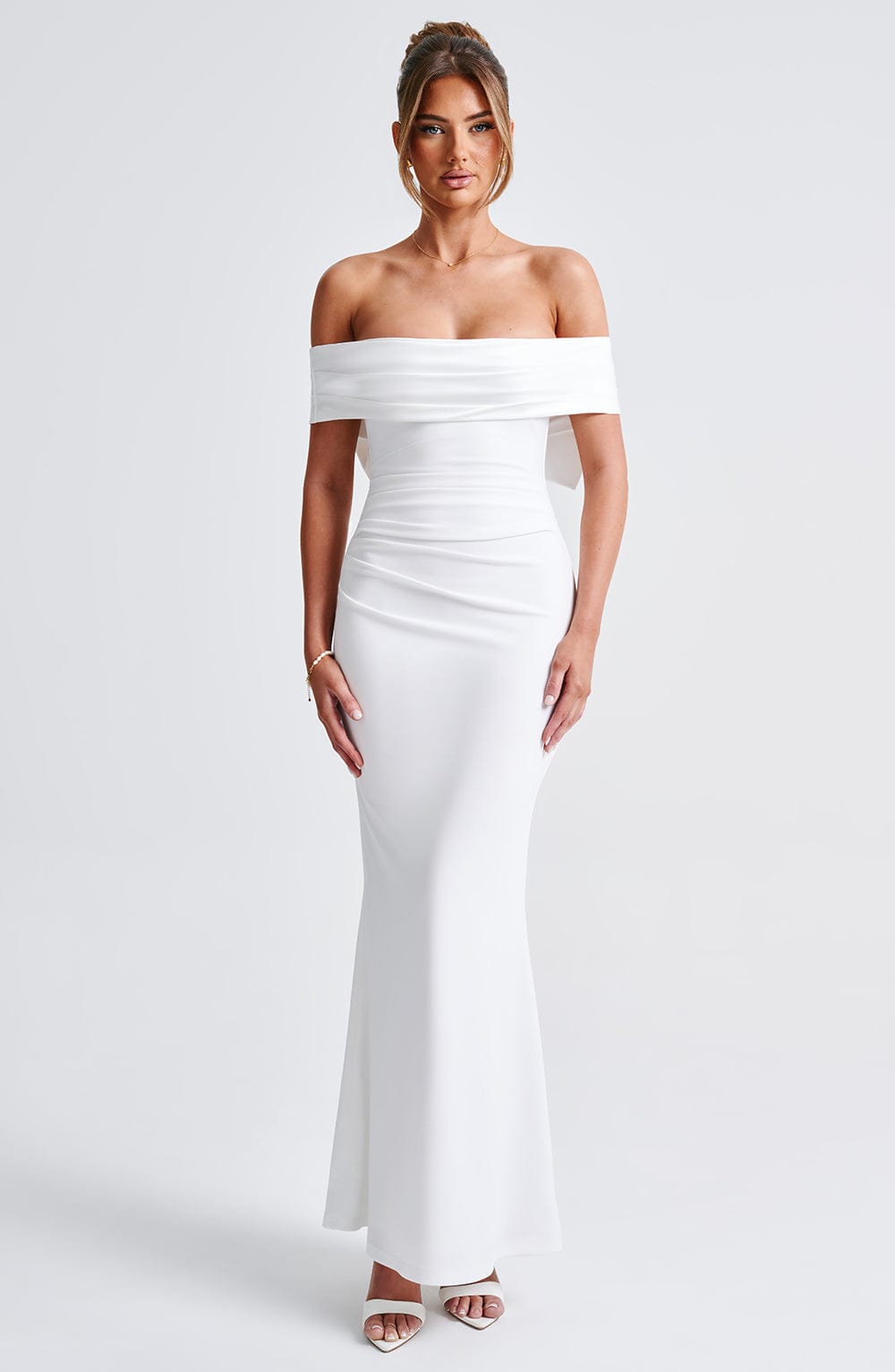 Ivory Joanna Maxi Dress with Removable Bow & Bardot Neckline