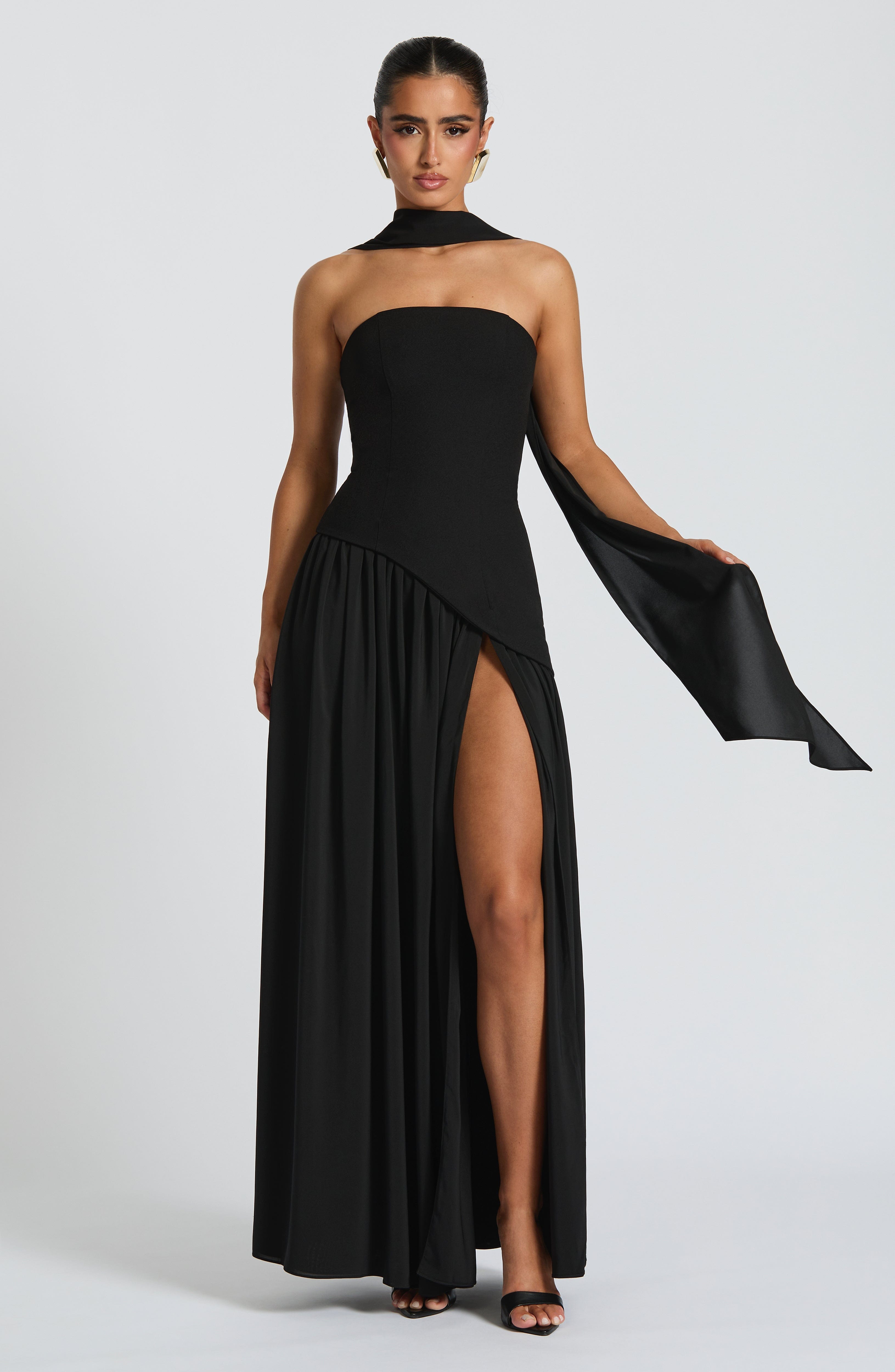 Black Maliyah Maxi Dress with Lace-Up Back & Chiffon Skirt