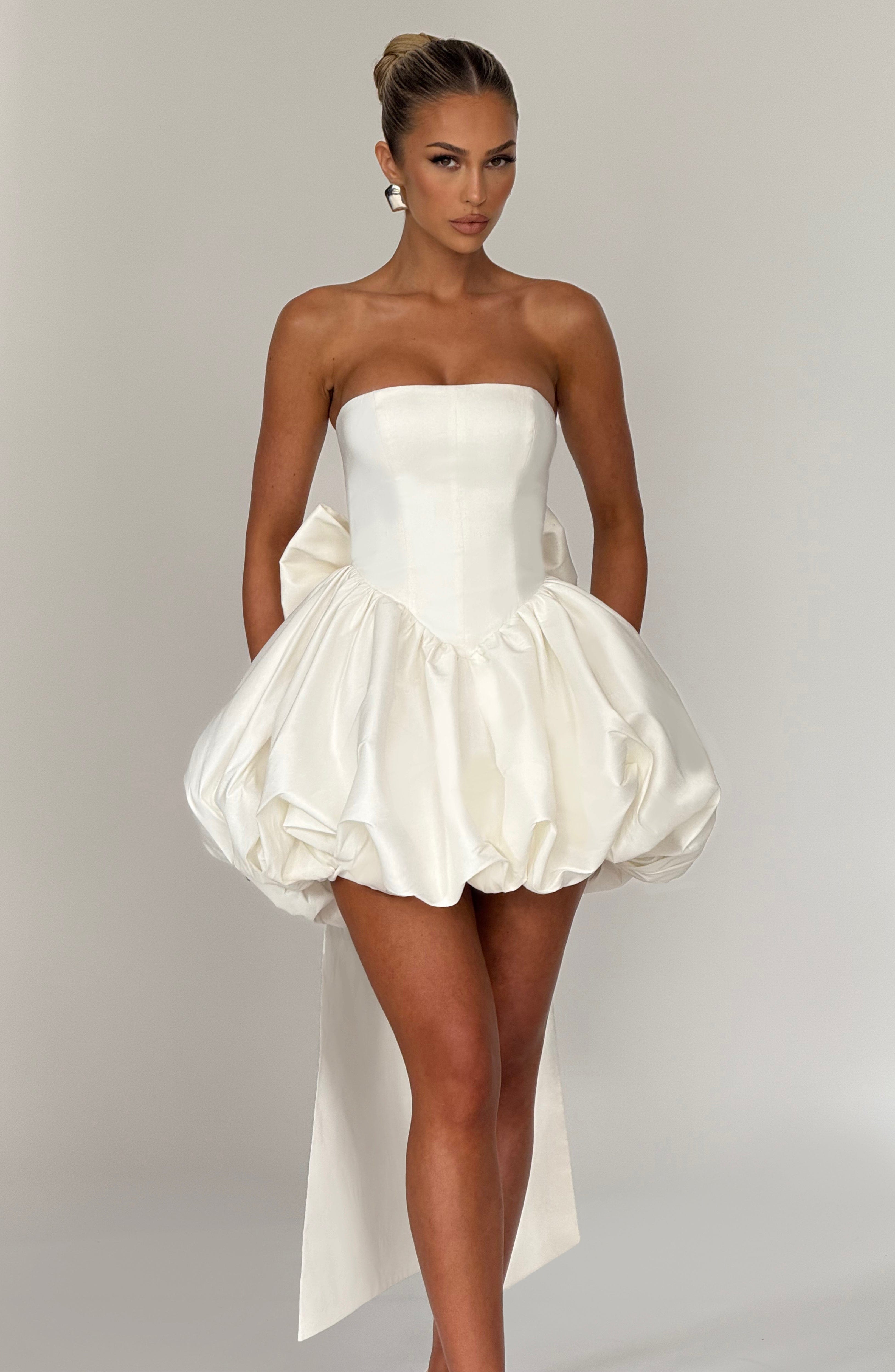 Lotus Strapless Mini Dress with Lace-Up Back in Ivory Taffeta