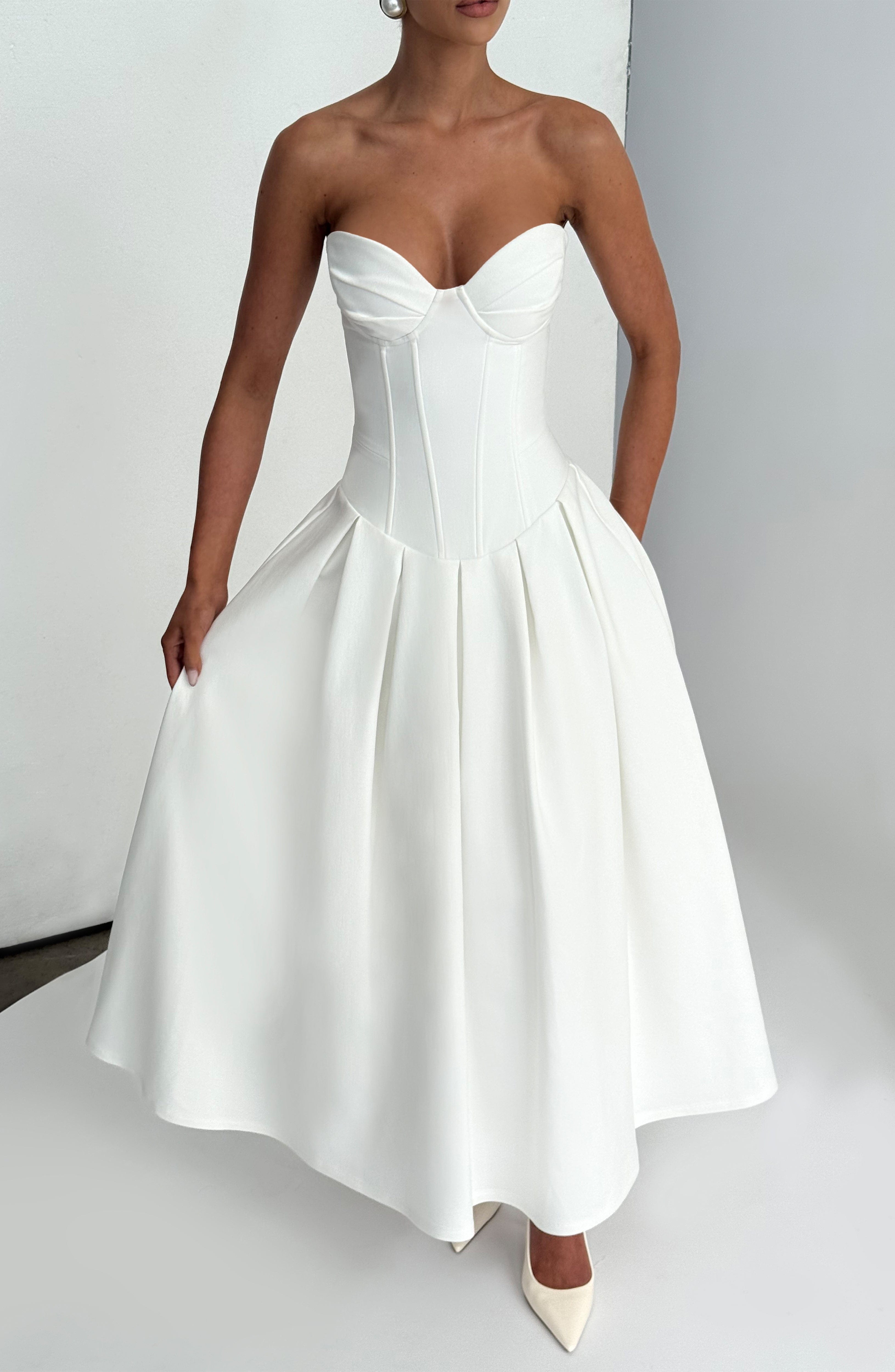 Ivory Salma Strapless Midi Dress with Lace Up Back