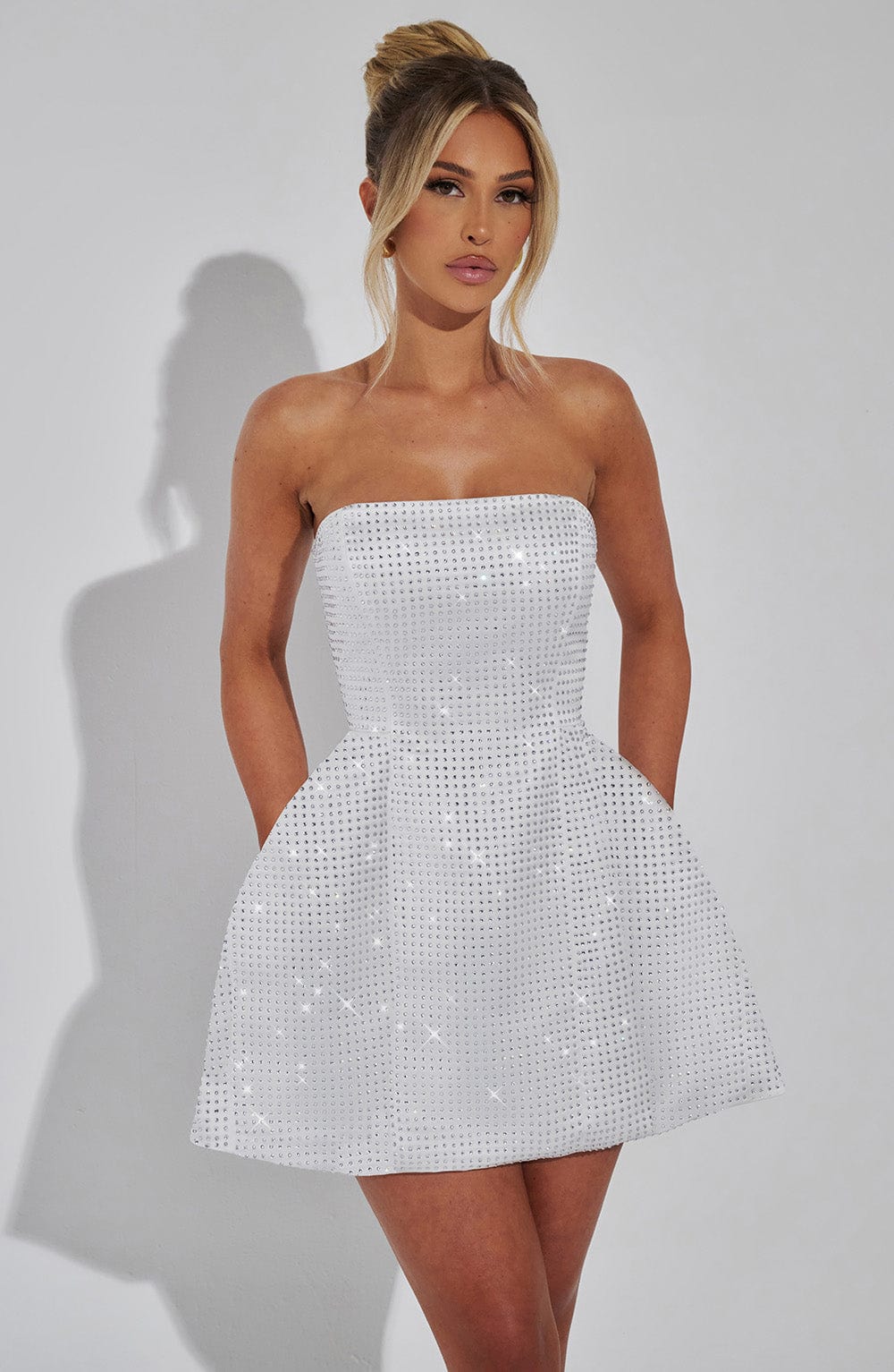 Rhinestone Strapless Mini Dress - Paloma Ivory Satin Bubble Skirt