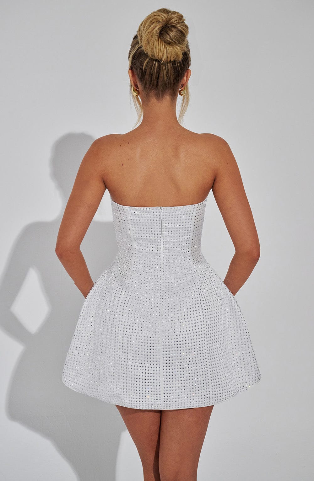 Rhinestone Strapless Mini Dress - Paloma Ivory Satin Bubble Skirt