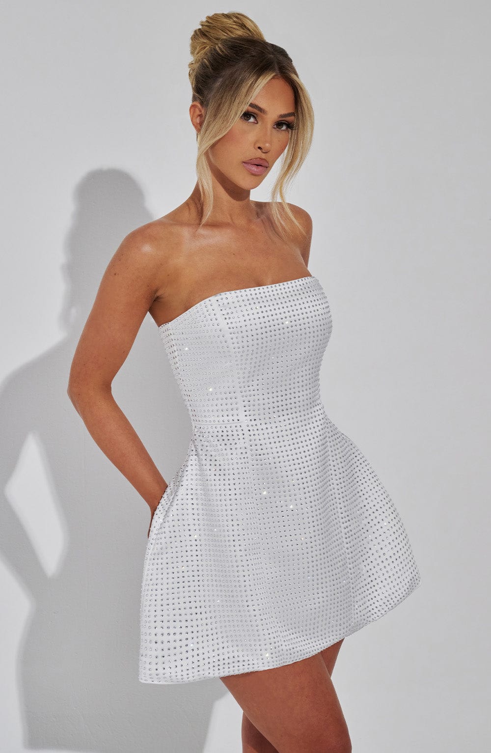 Rhinestone Strapless Mini Dress - Paloma Ivory Satin Bubble Skirt