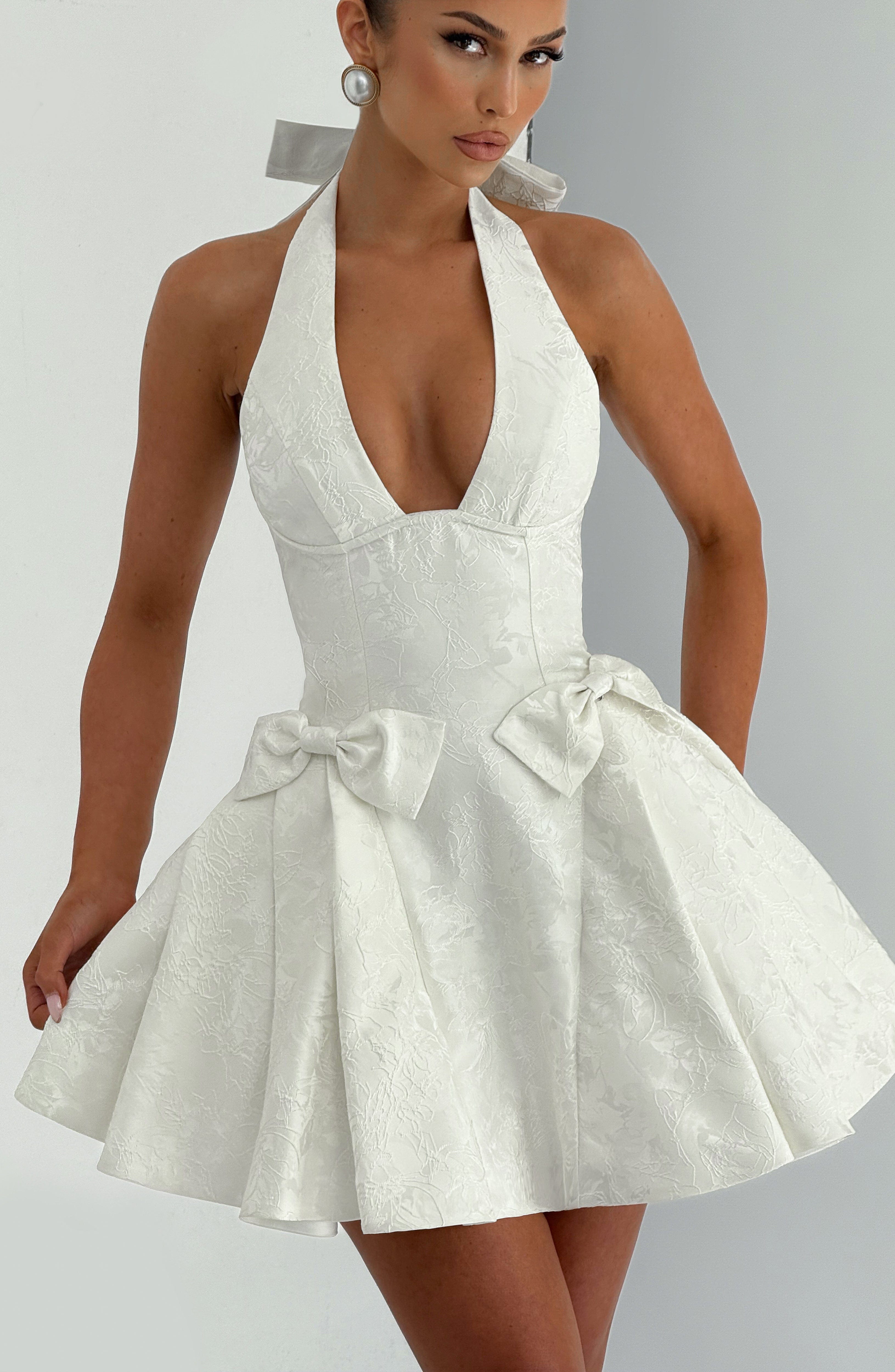 Ivory Floral Jacquard Mini Dress with Halter Neckline & Bows