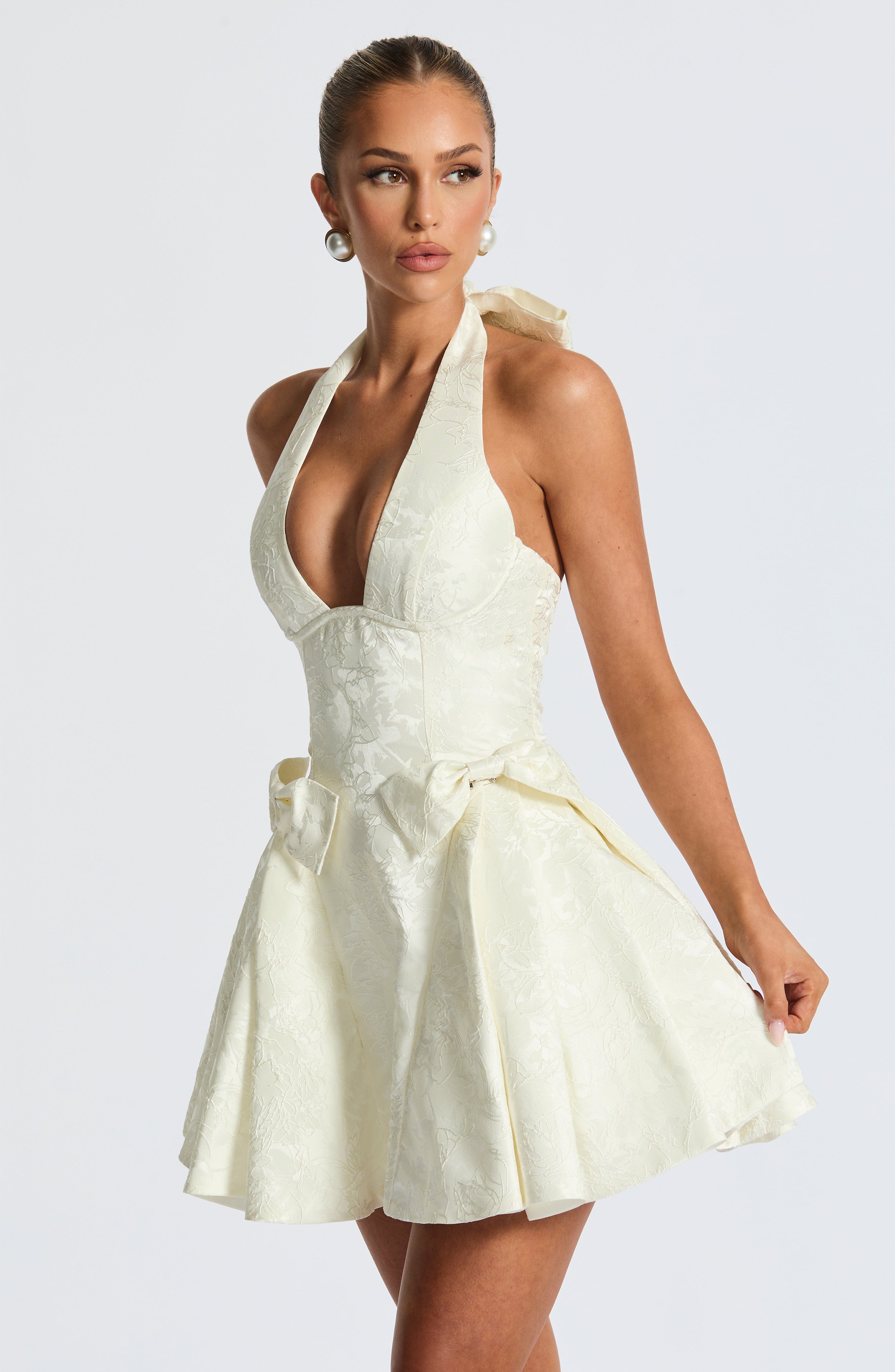 Ivory Floral Jacquard Mini Dress with Halter Neckline & Bows