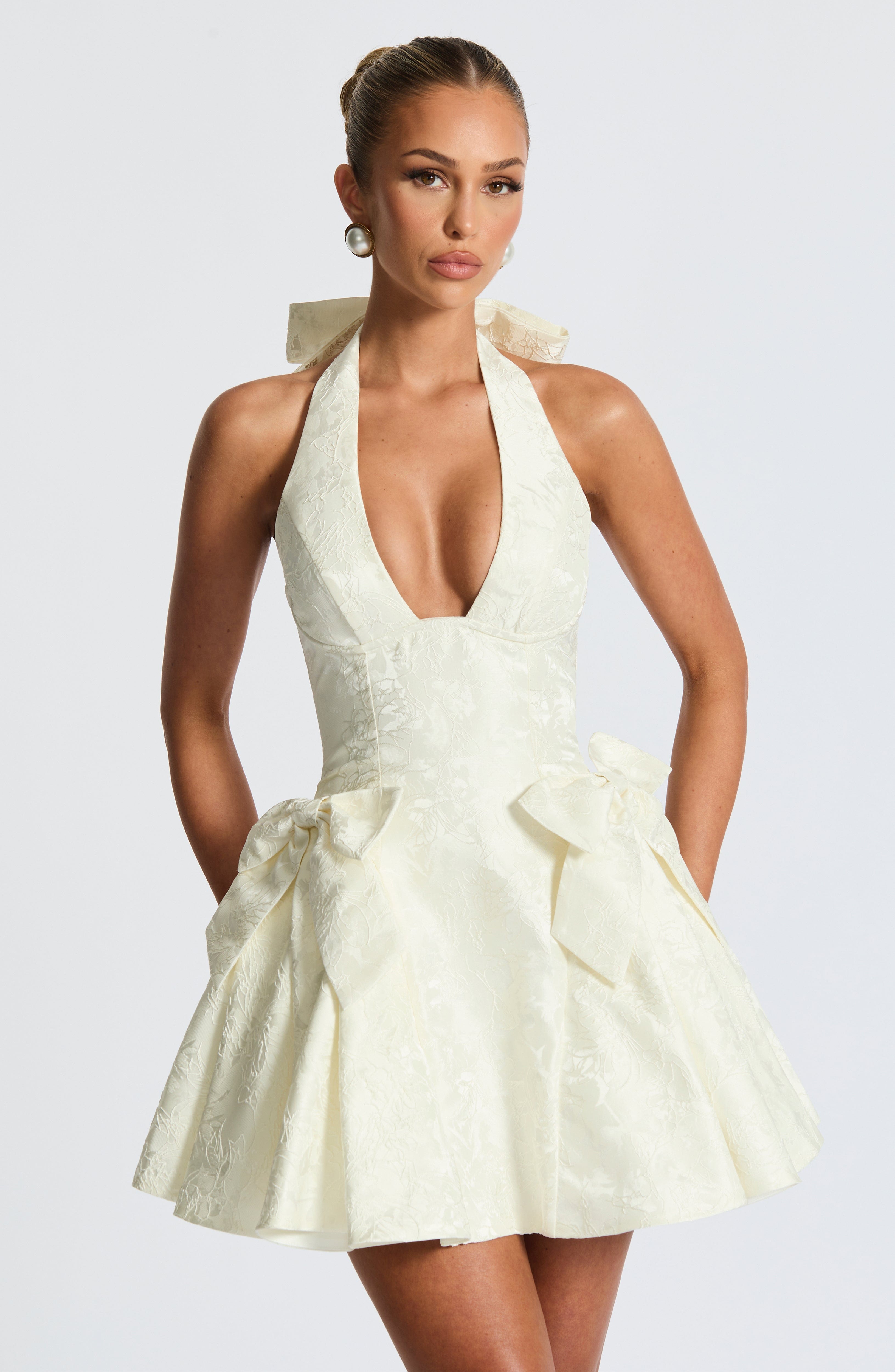 Ivory Floral Jacquard Mini Dress with Halter Neckline & Bows