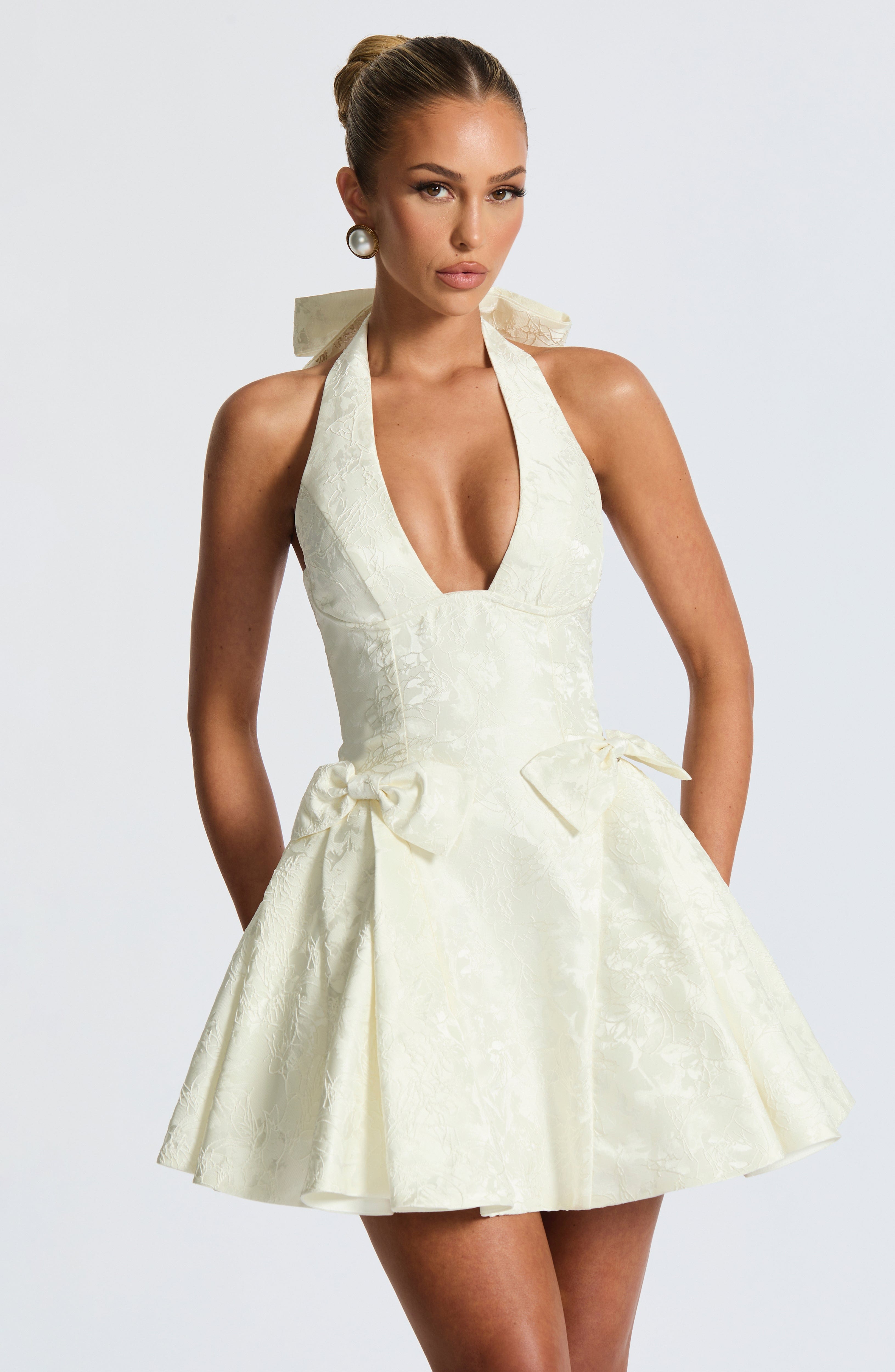 Ivory Floral Jacquard Mini Dress with Halter Neckline & Bows
