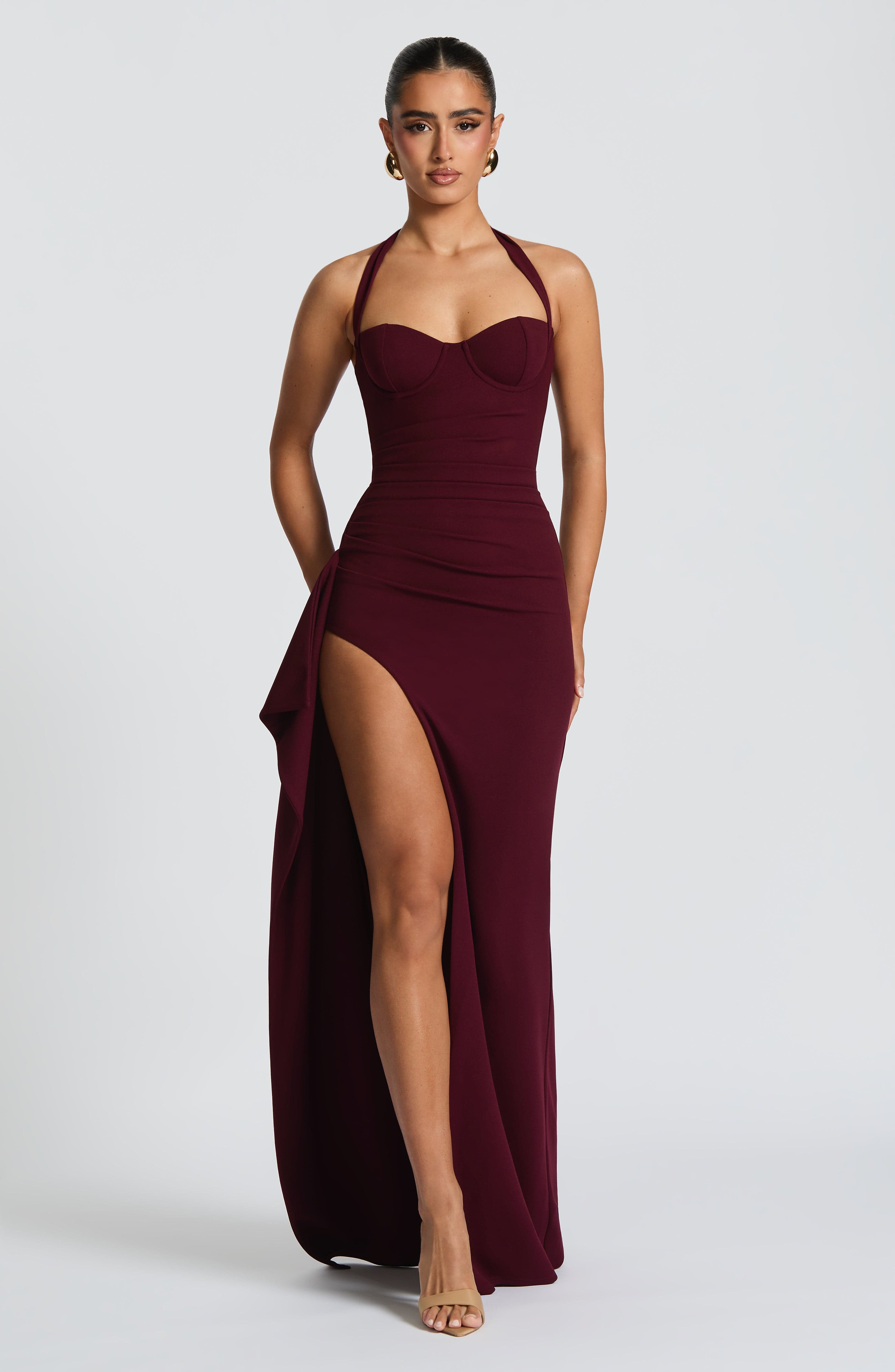 Genette Maxi Dress with Underwire Halter Top & Thigh Split - Cherry Lacquer