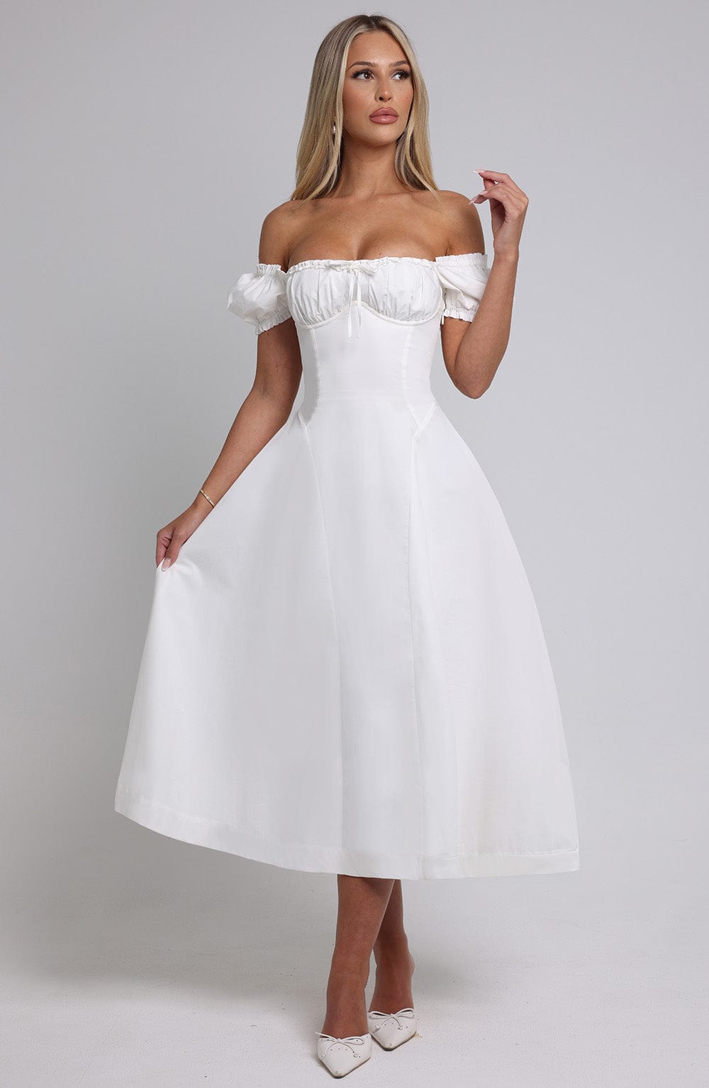 Elora Ivory Midi Dress with Puff Sleeves & Cinched Waist
