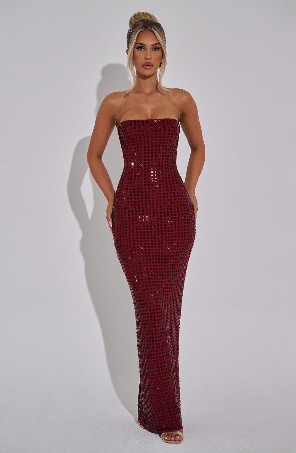 Neriah Rhinestone Strapless Maxi Dress in Wine