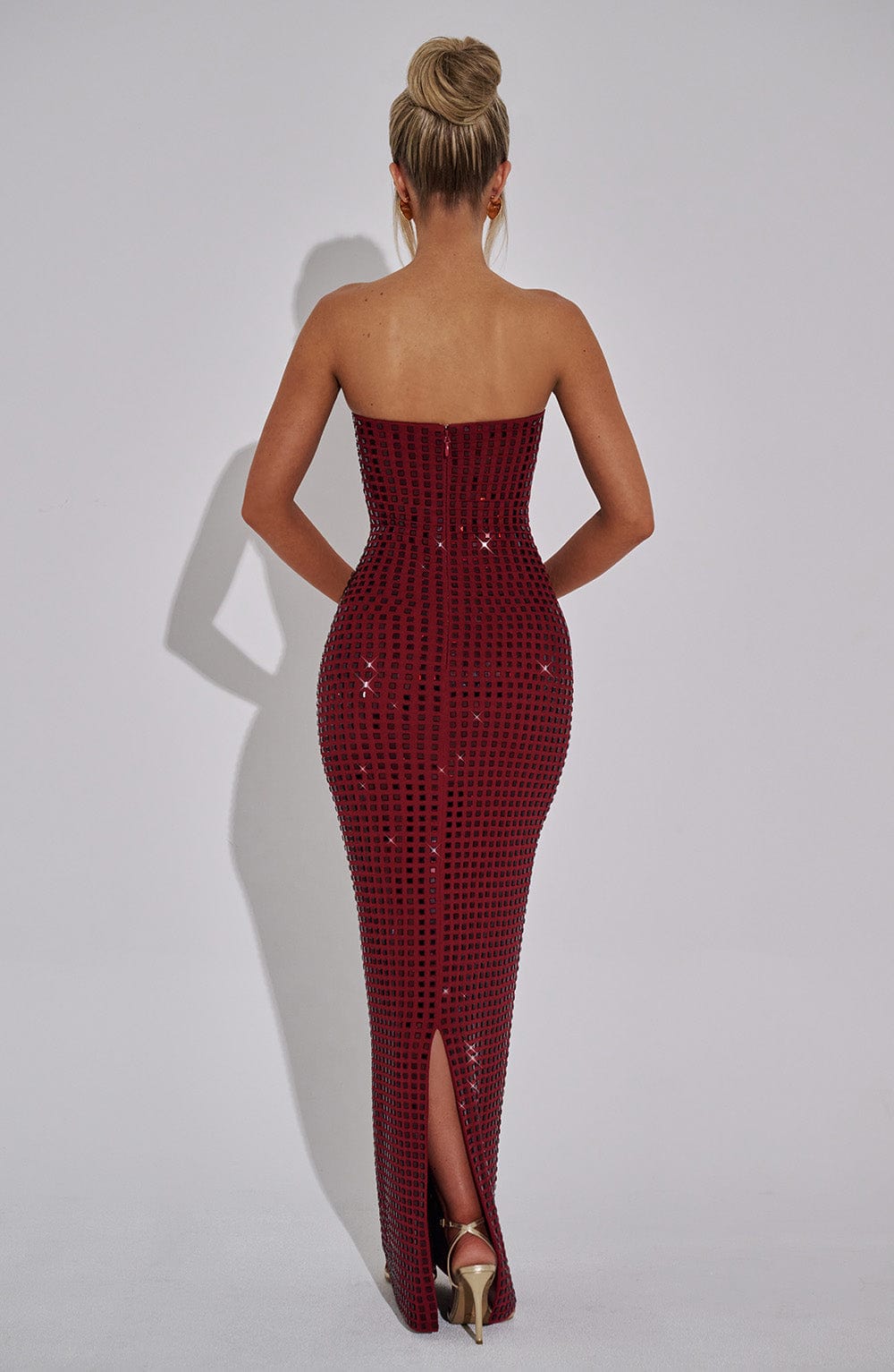 Neriah Rhinestone Strapless Maxi Dress in Wine