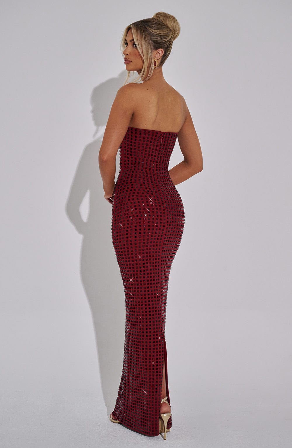 Neriah Rhinestone Strapless Maxi Dress in Wine