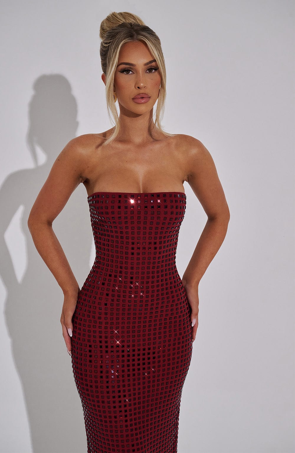 Neriah Rhinestone Strapless Maxi Dress in Wine