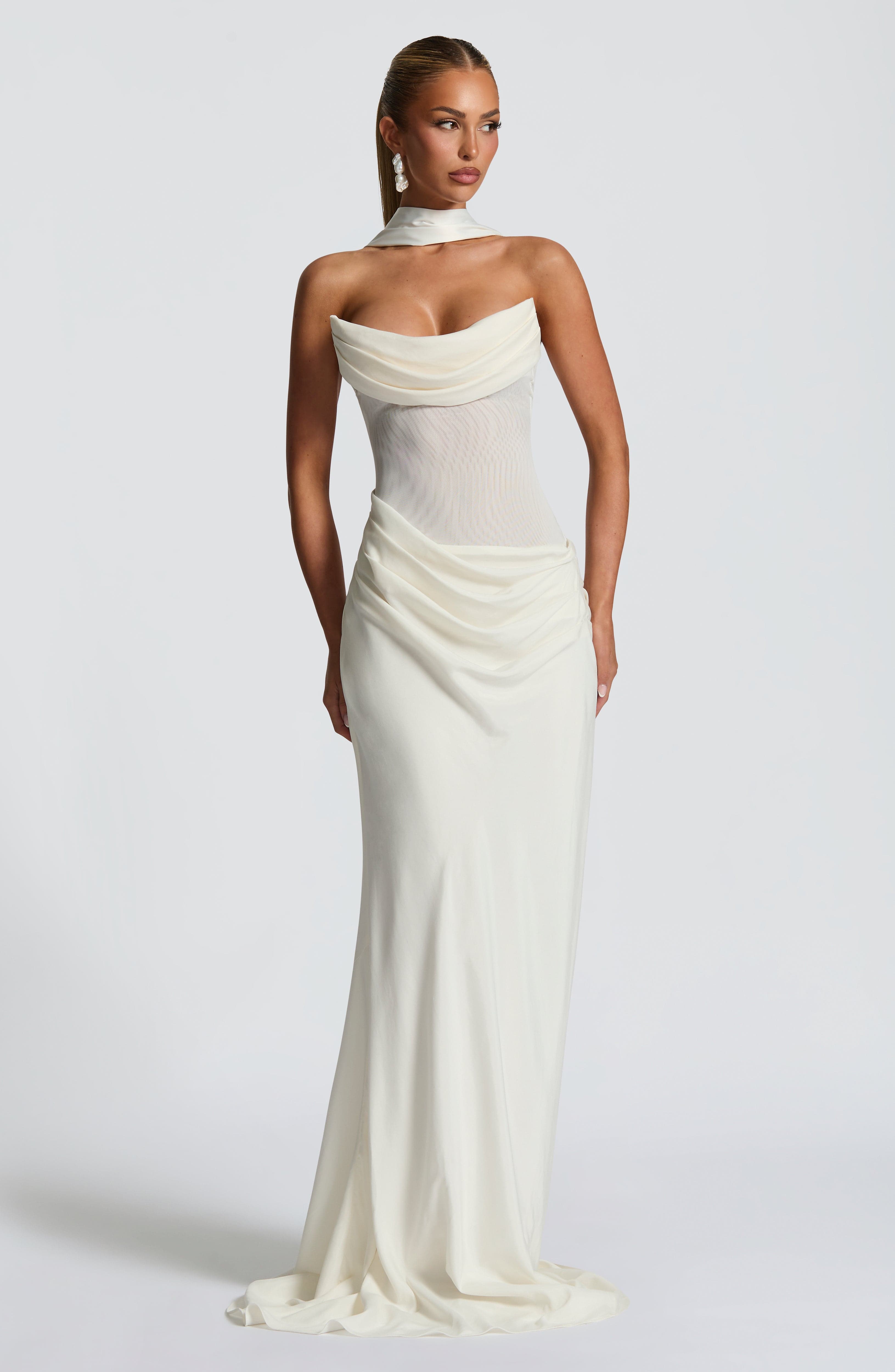 Liora Ivory Strapless Maxi Dress with Lace-Up Back