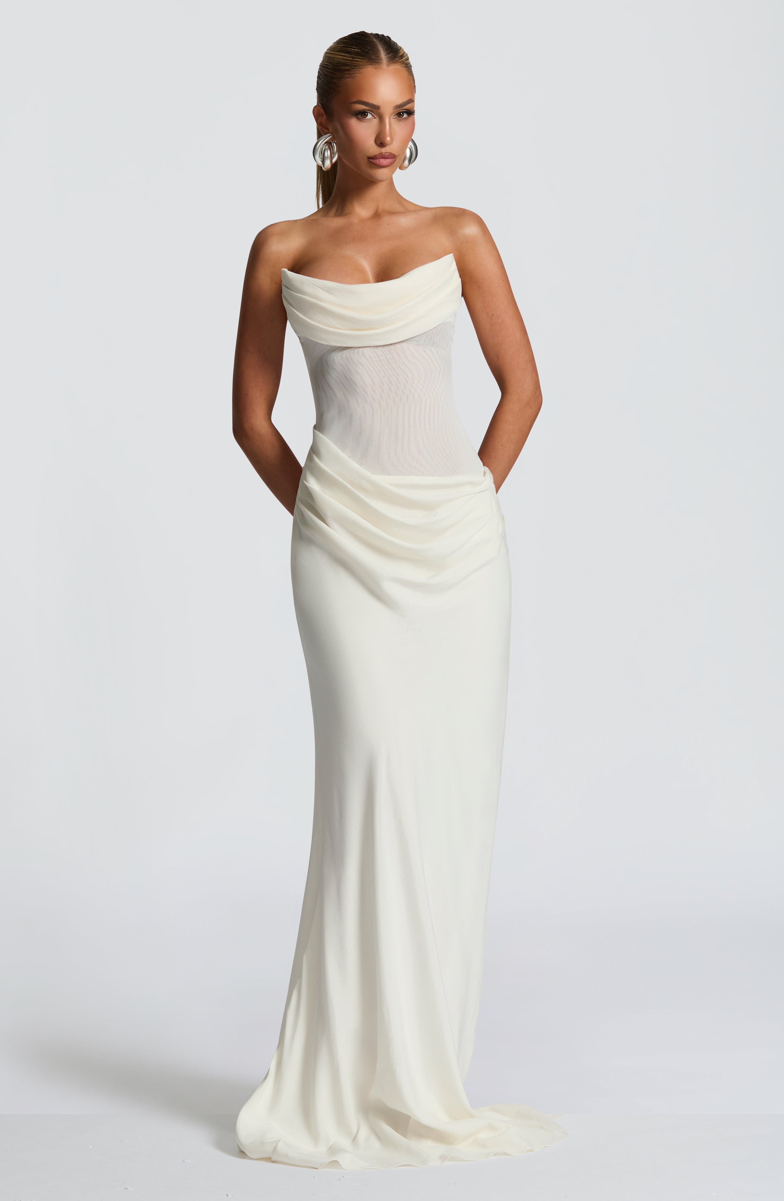 Liora Ivory Strapless Maxi Dress with Lace-Up Back