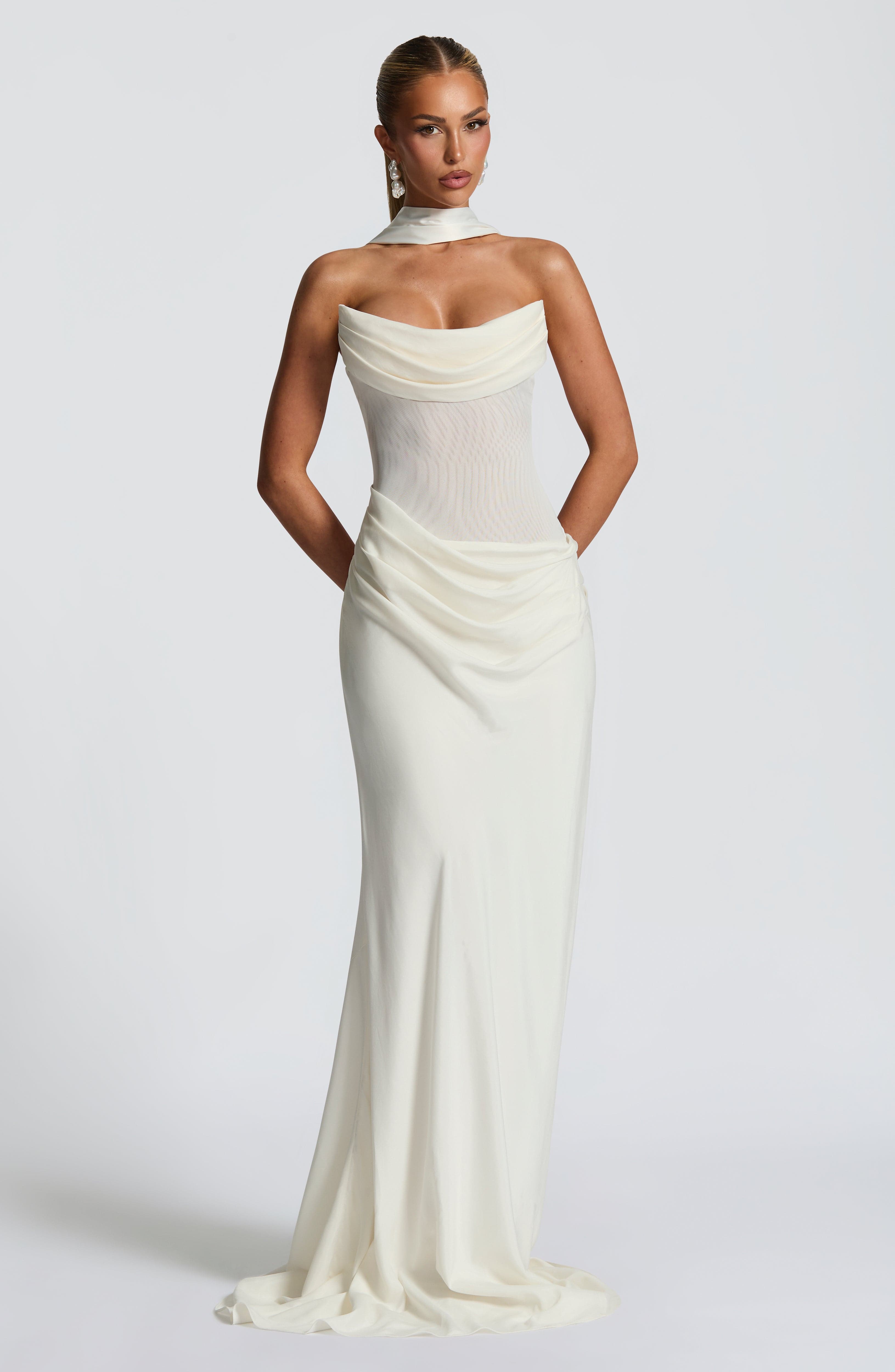 Liora Ivory Strapless Maxi Dress with Lace-Up Back