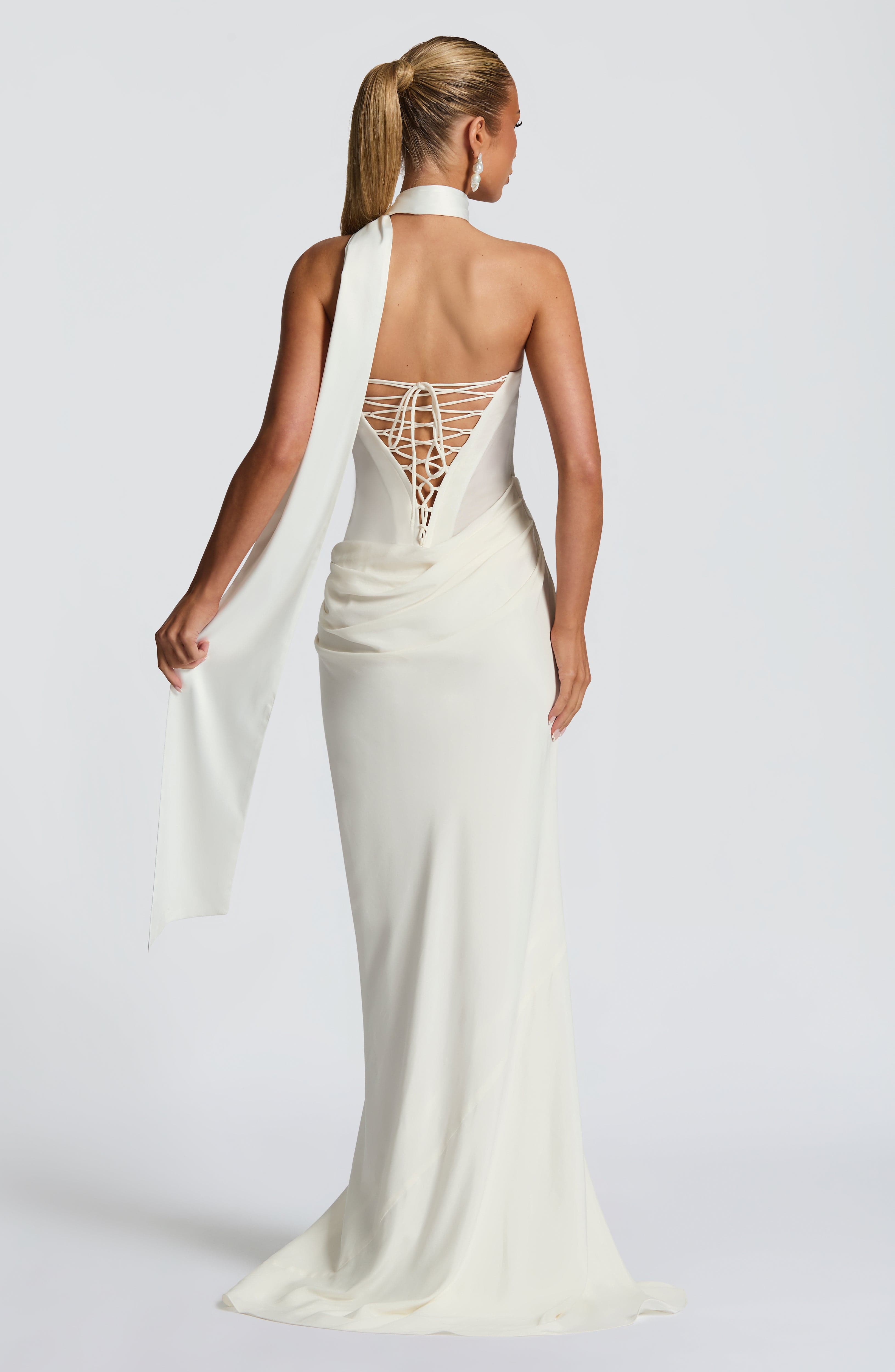 Liora Ivory Strapless Maxi Dress with Lace-Up Back