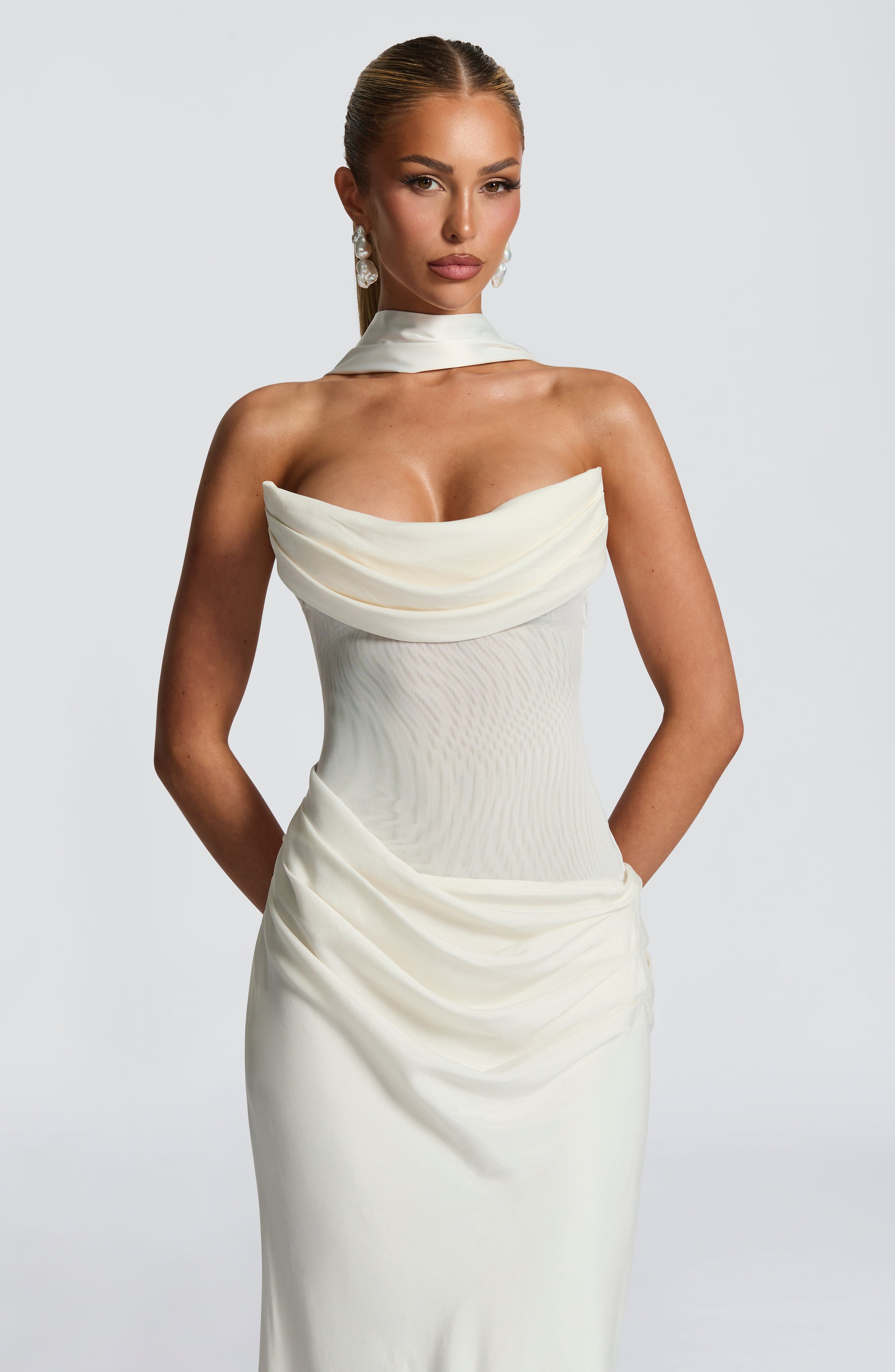 Liora Ivory Strapless Maxi Dress with Lace-Up Back
