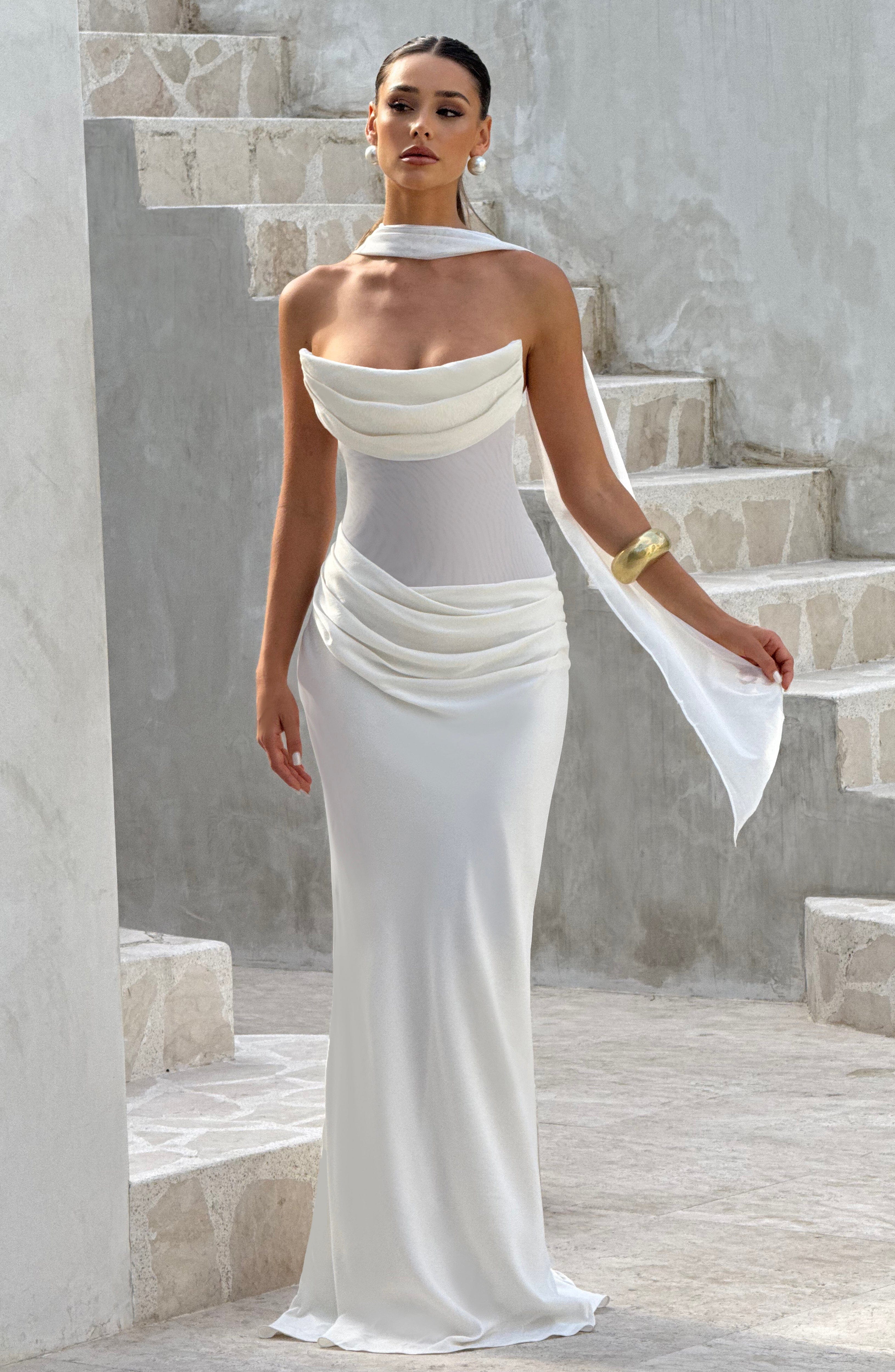 Liora Ivory Strapless Maxi Dress with Lace-Up Back