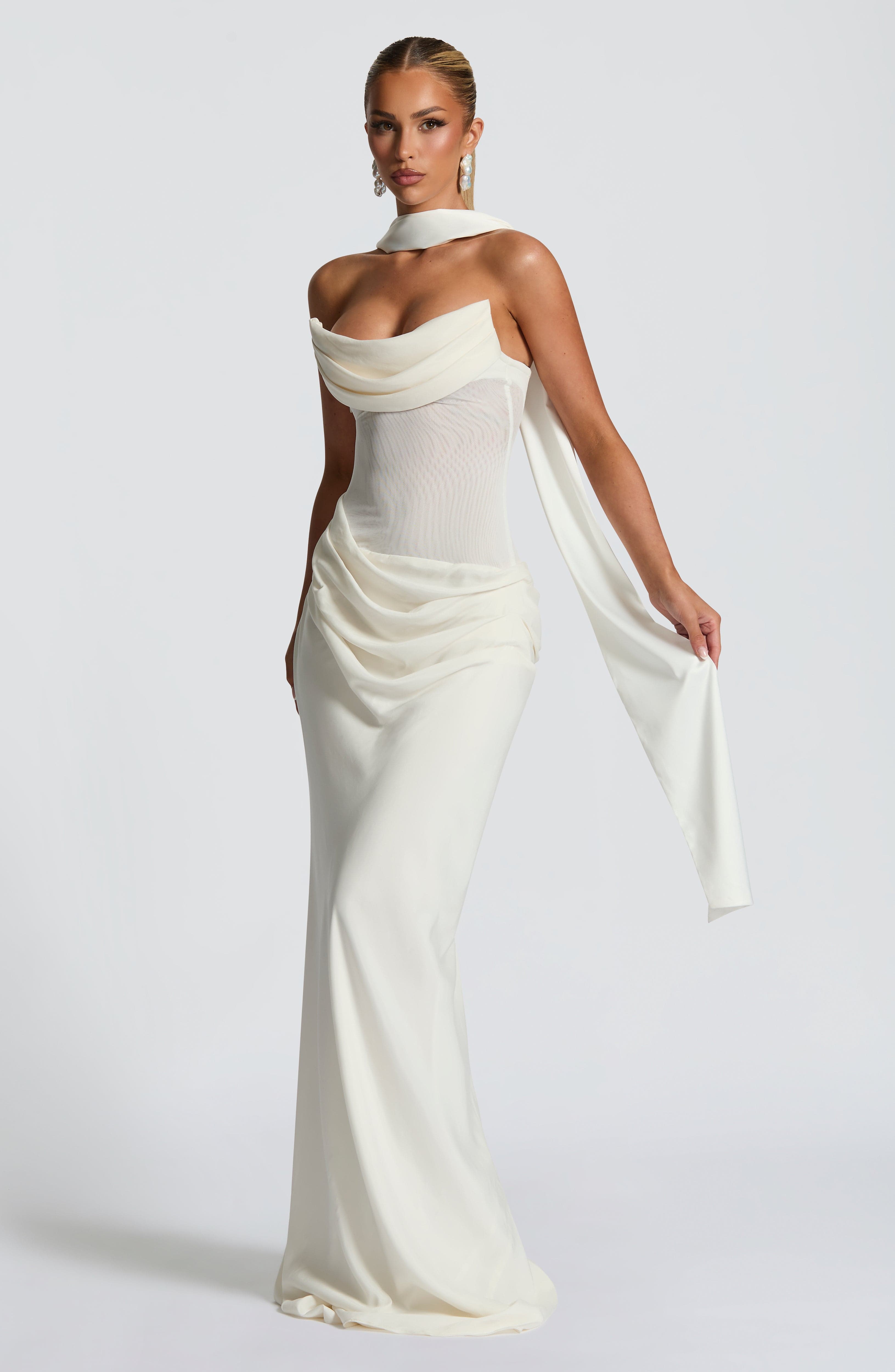 Liora Ivory Strapless Maxi Dress with Lace-Up Back