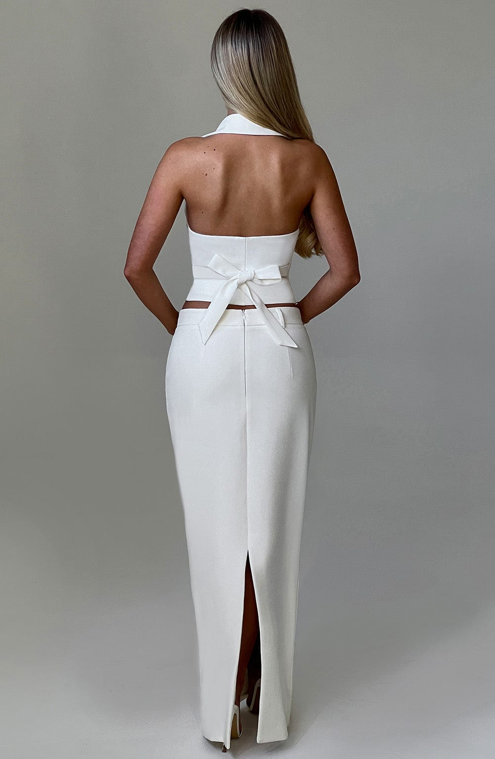 Piper Ivory Crepe Maxi Skirt with Back Split & Belt Loops