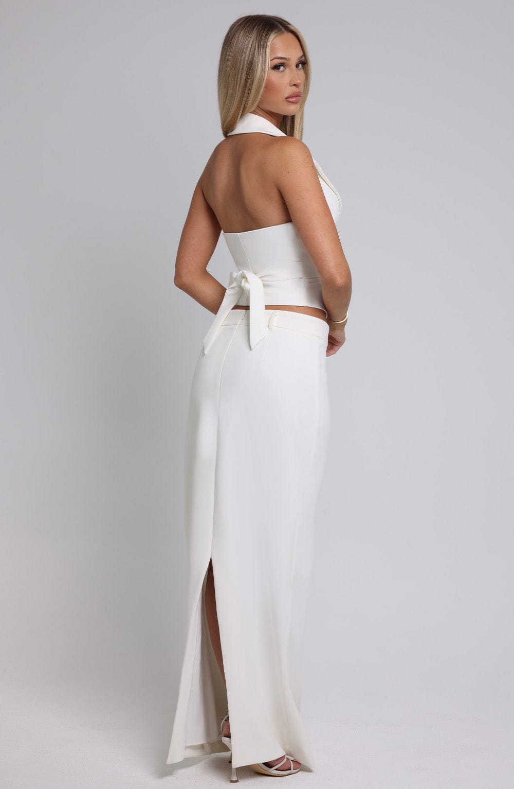 Piper Ivory Crepe Maxi Skirt with Back Split & Belt Loops