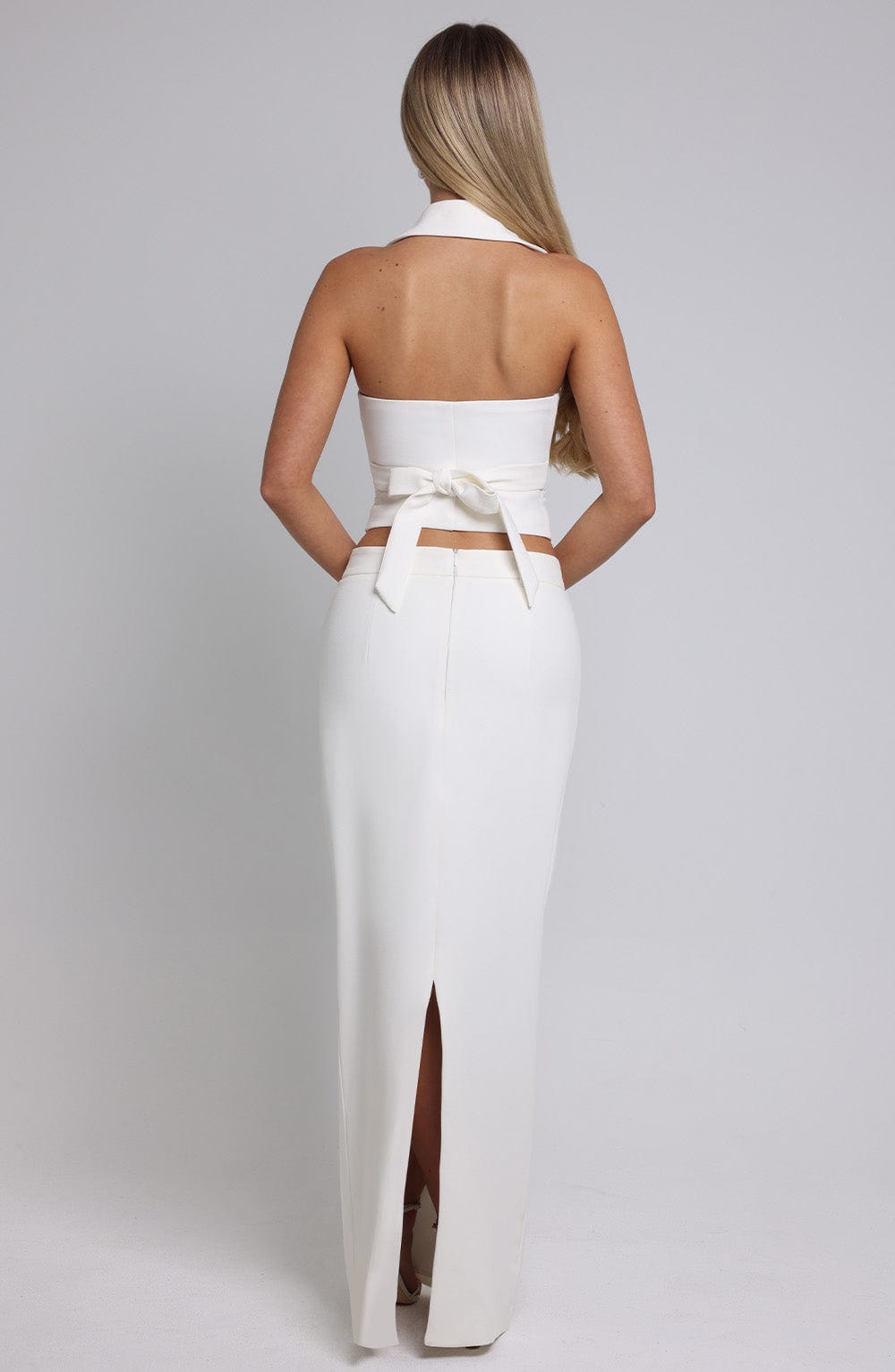 Piper Ivory Crepe Maxi Skirt with Back Split & Belt Loops