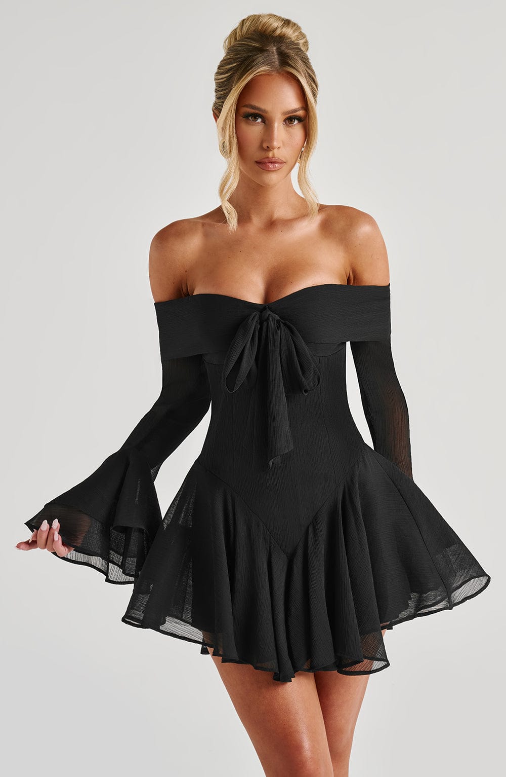 Black Nerissa Playsuit with Ruffled Shorts & Bardot Neckline