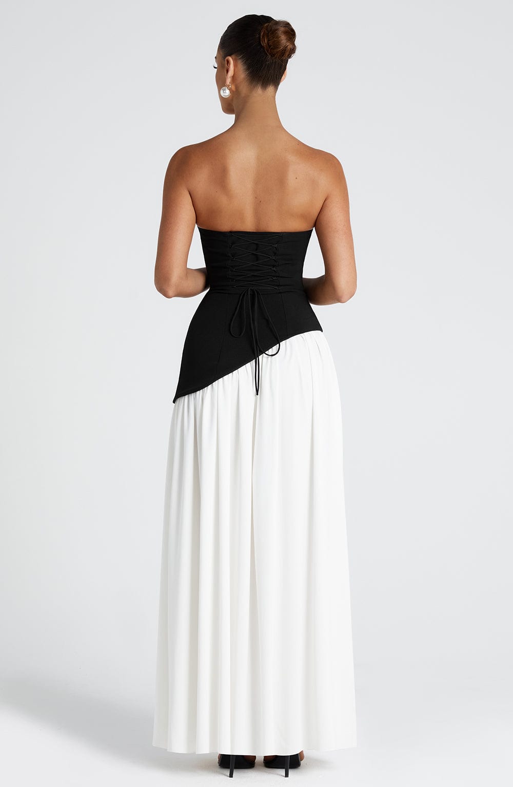 Strapless Black & White Maliyah Maxi Dress with Thigh Split