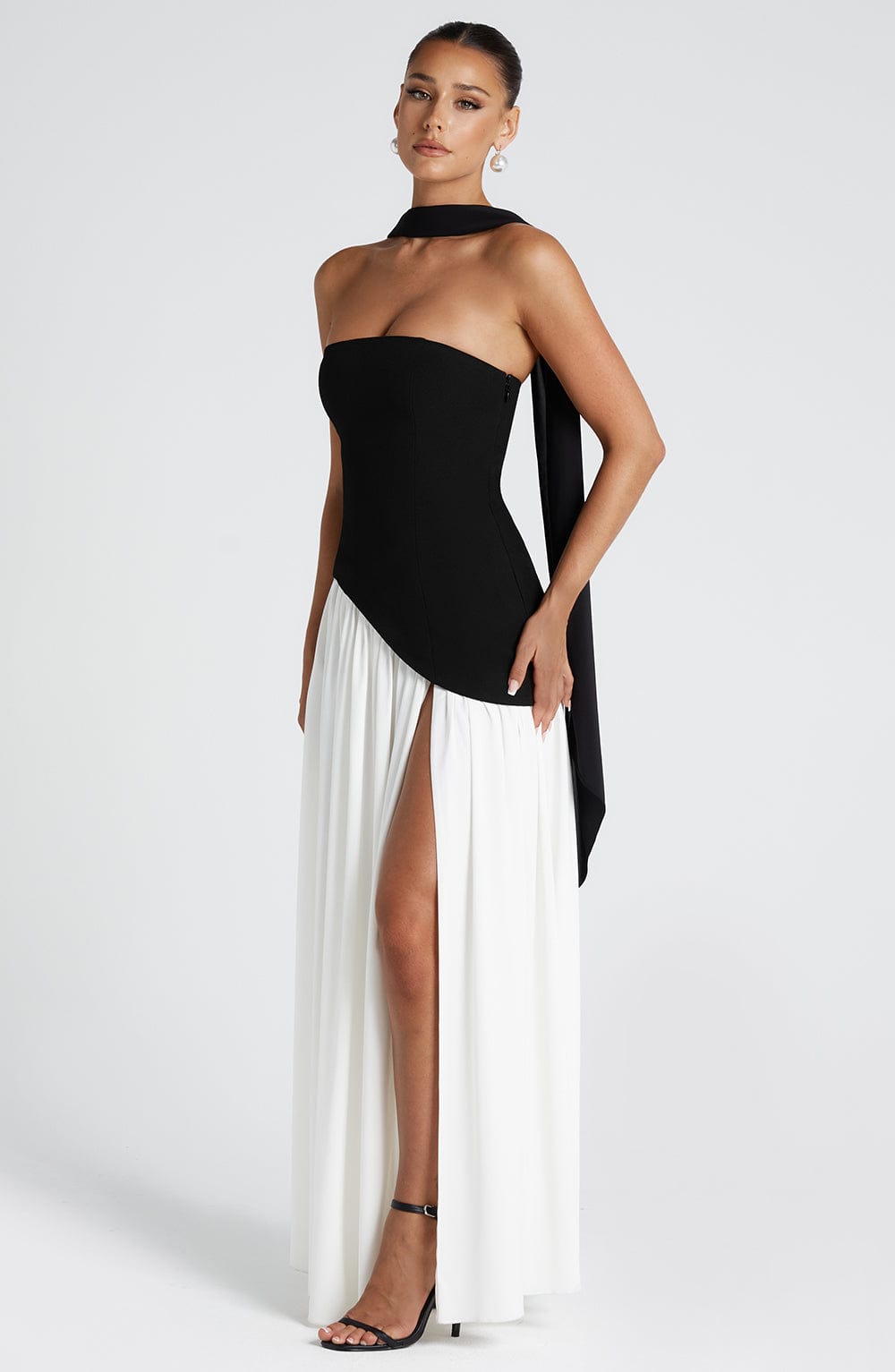 Strapless Black & White Maliyah Maxi Dress with Thigh Split