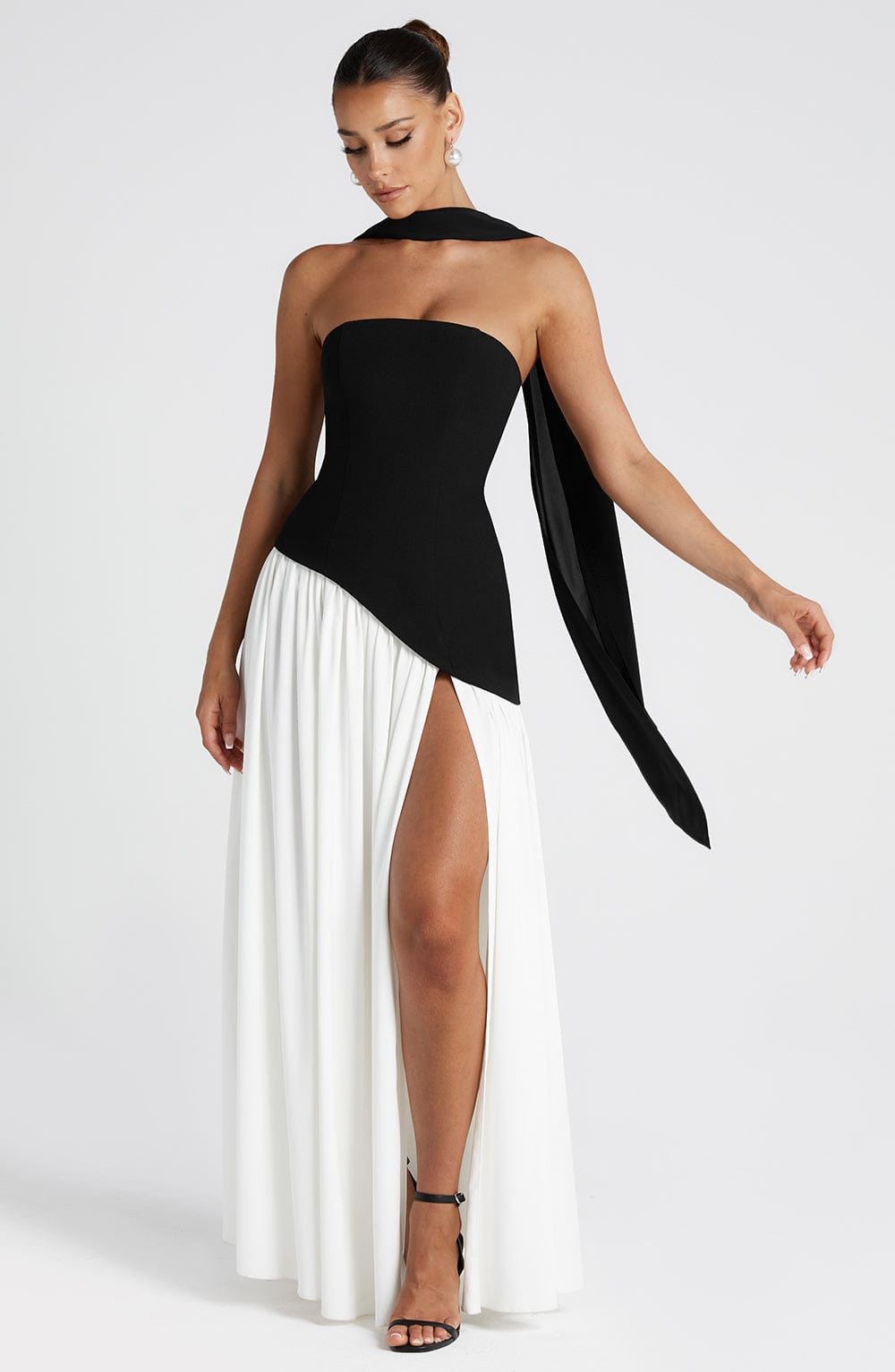 Strapless Black & White Maliyah Maxi Dress with Thigh Split