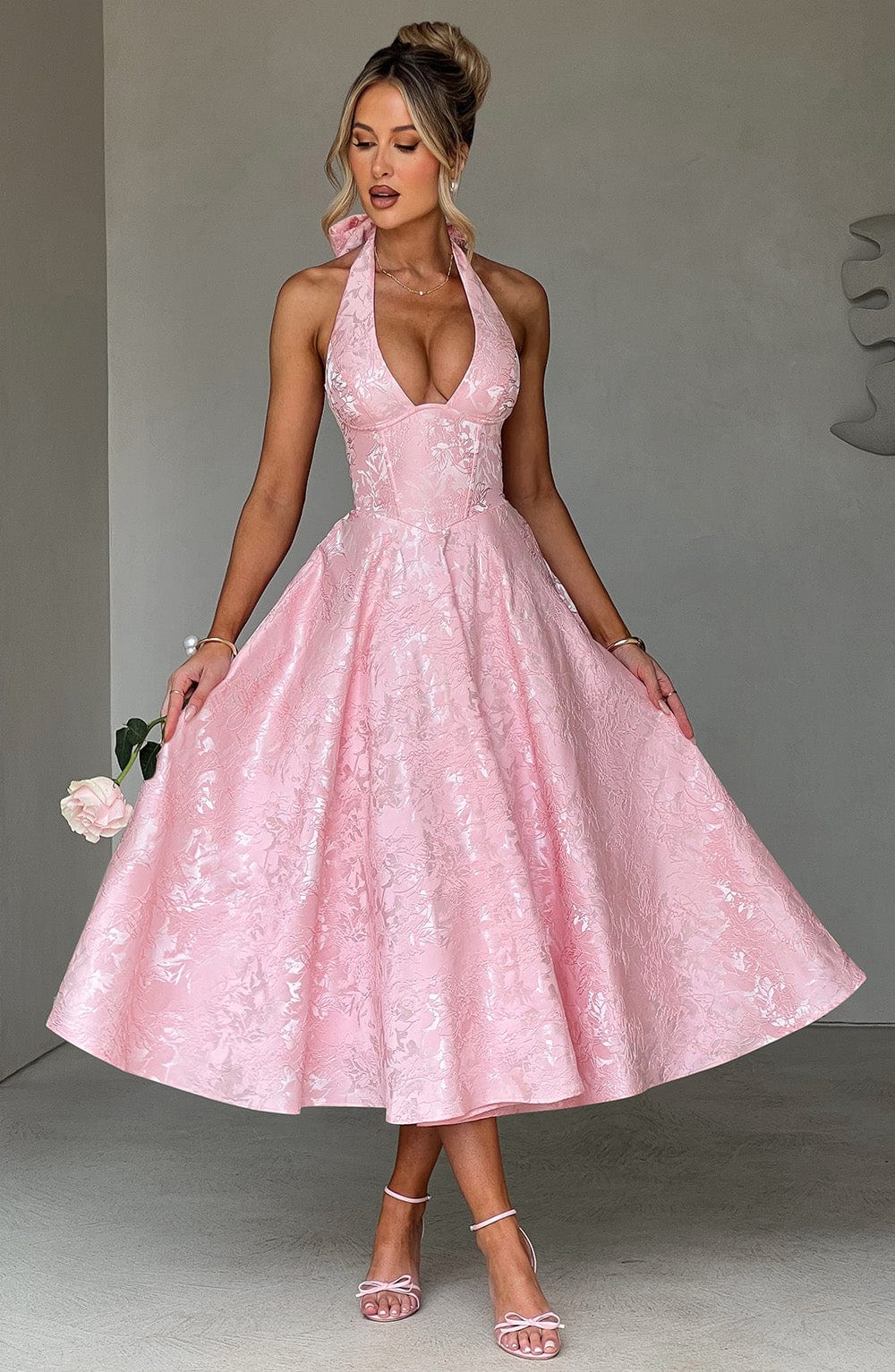 Effie Floral Jacquard Midi Dress with Tulle Skirt - Blush