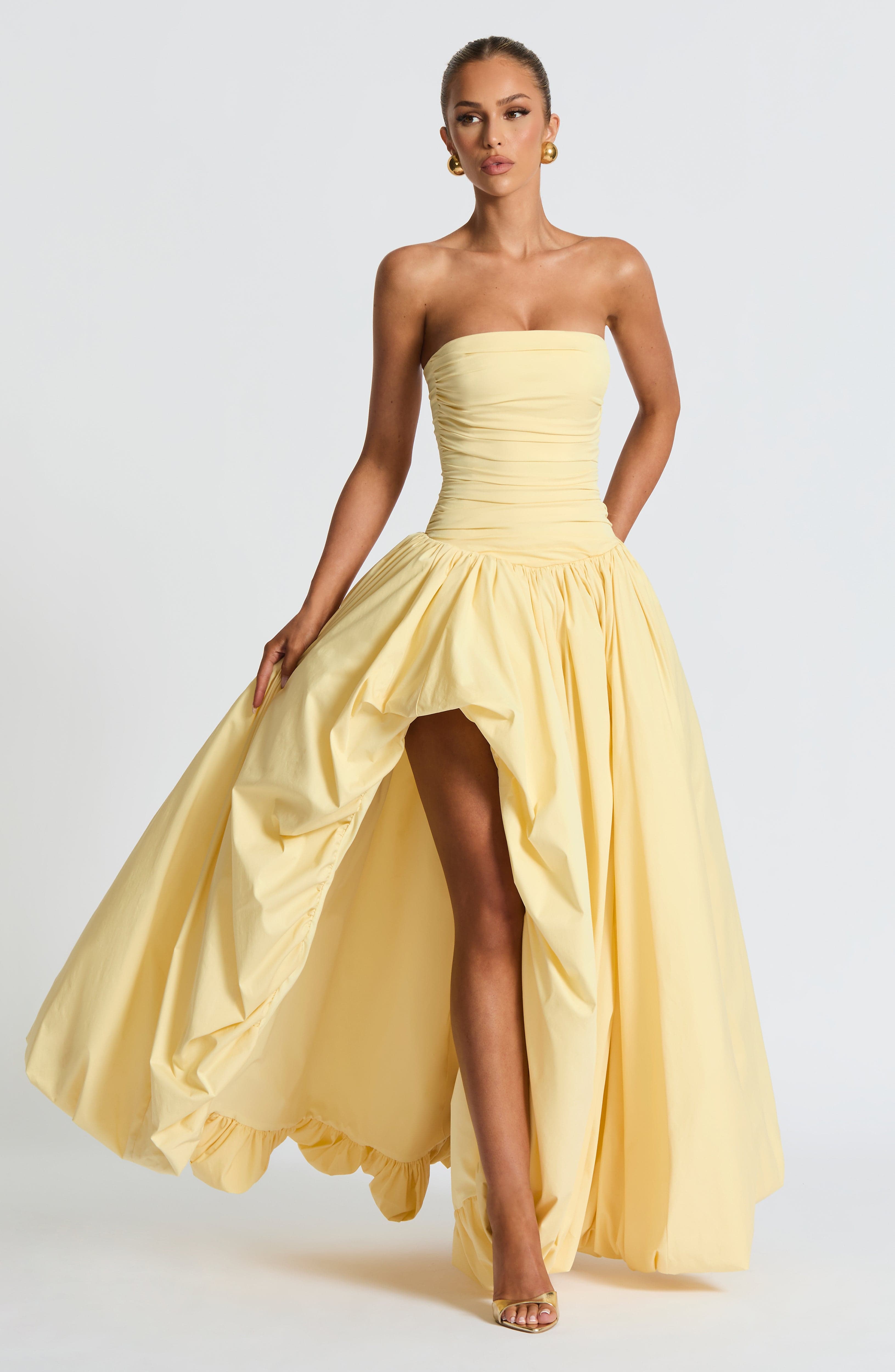 Jillian Strapless Maxi Dress with Lace-Up Back in Lemon