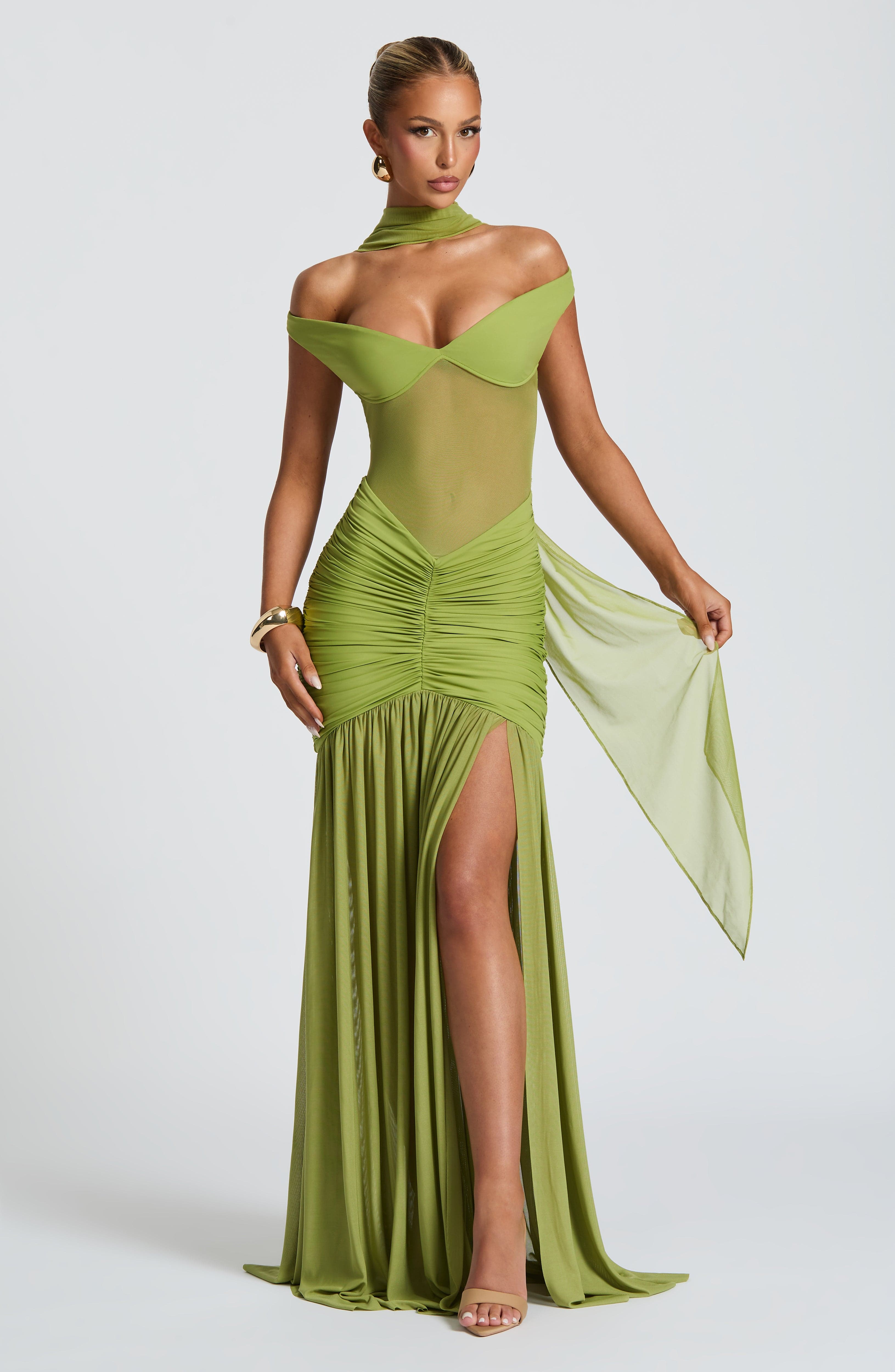 Alaia Olive Bardot Maxi Dress with Thigh Split