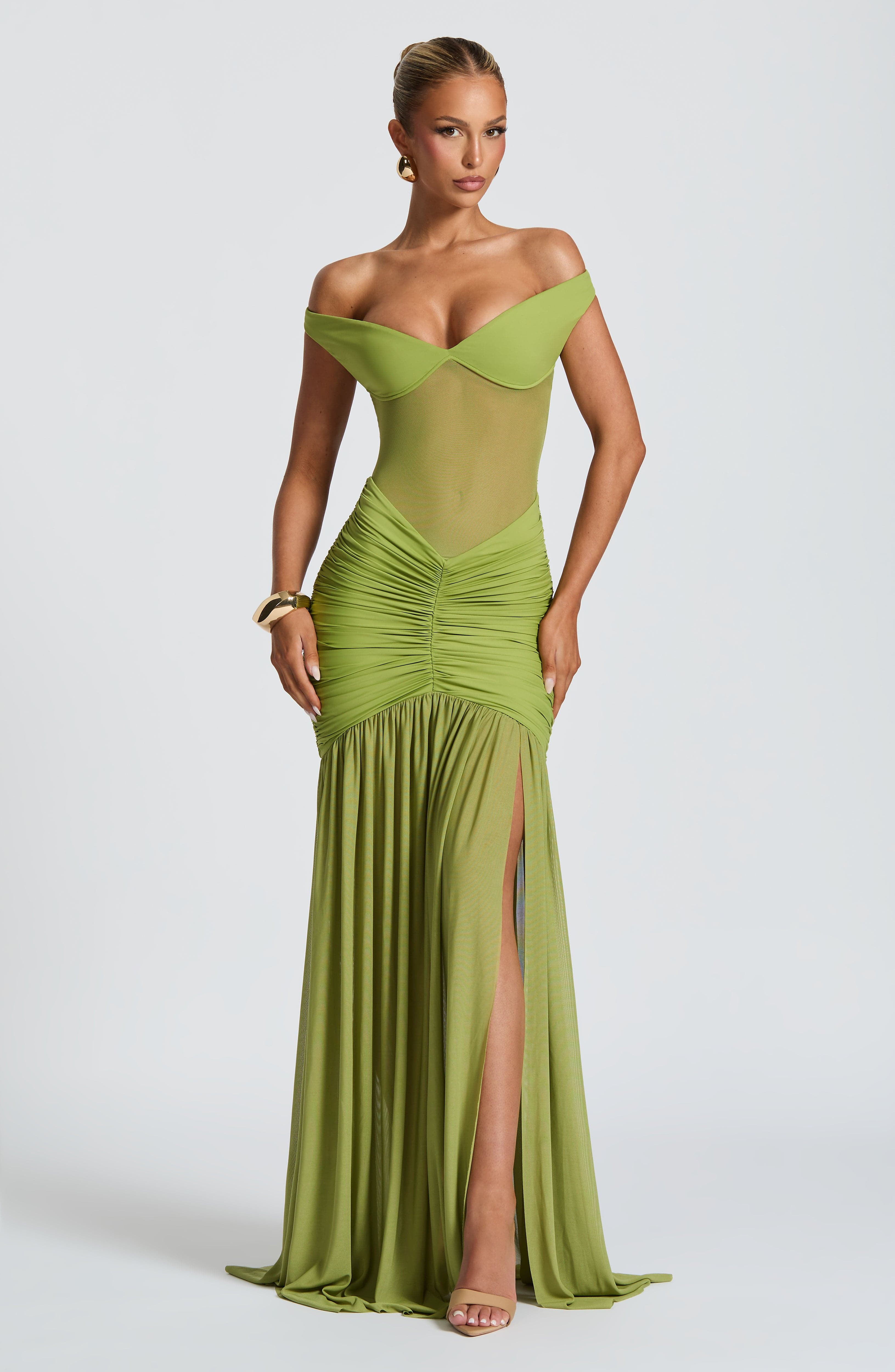 Alaia Olive Bardot Maxi Dress with Thigh Split