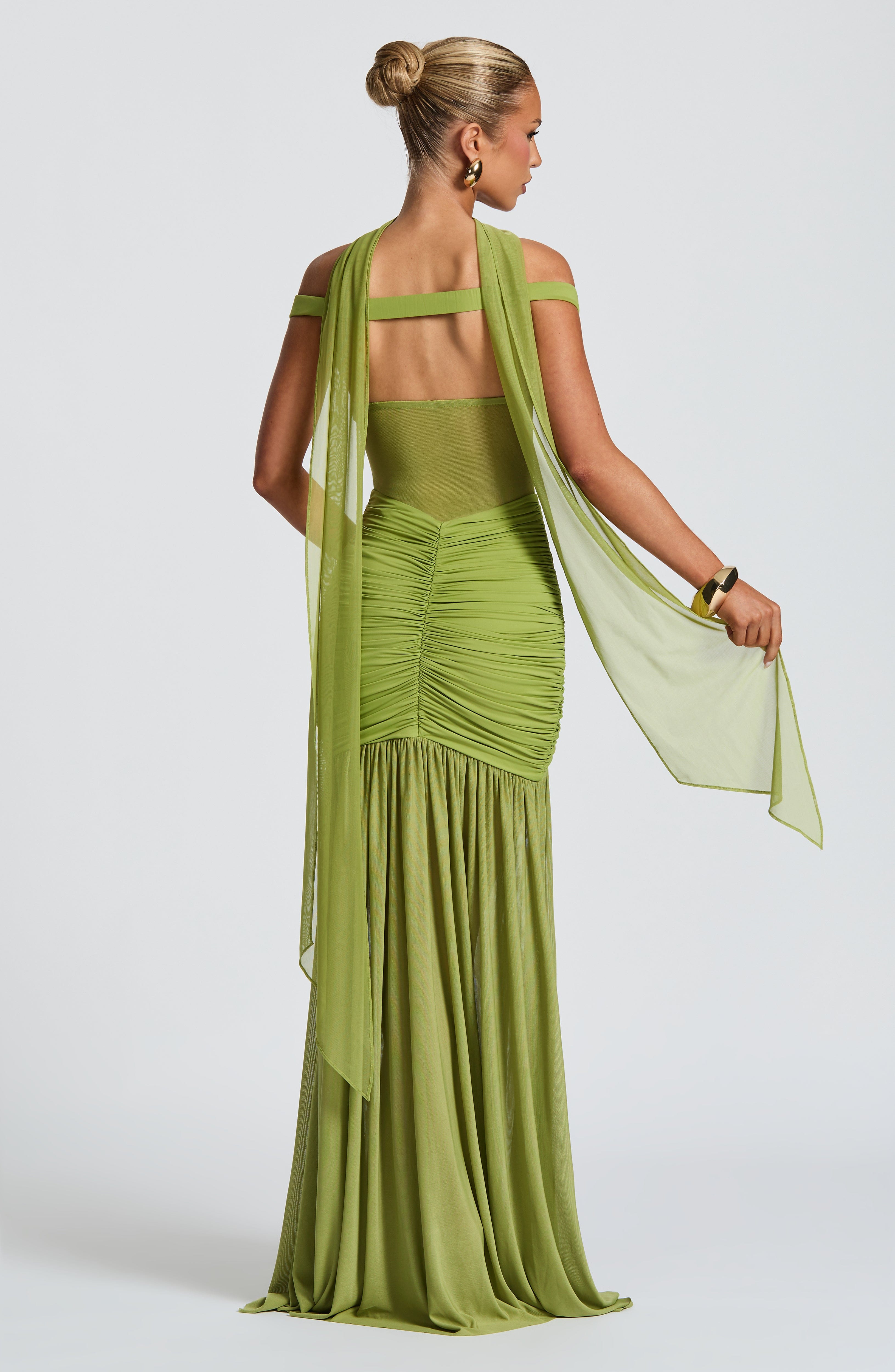 Alaia Olive Bardot Maxi Dress with Thigh Split